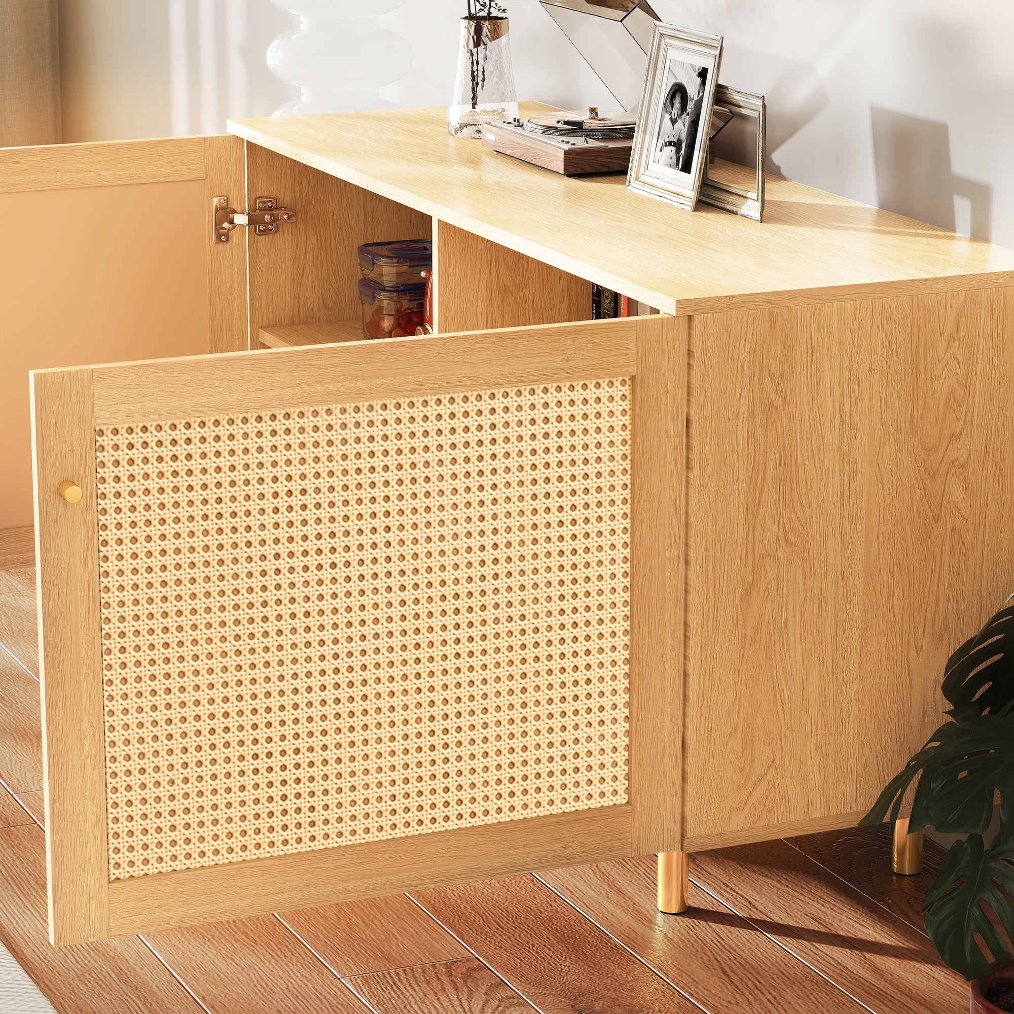 Wicker Sideboard Double-Door Storage Cabinet 120cm Natural Wood Look