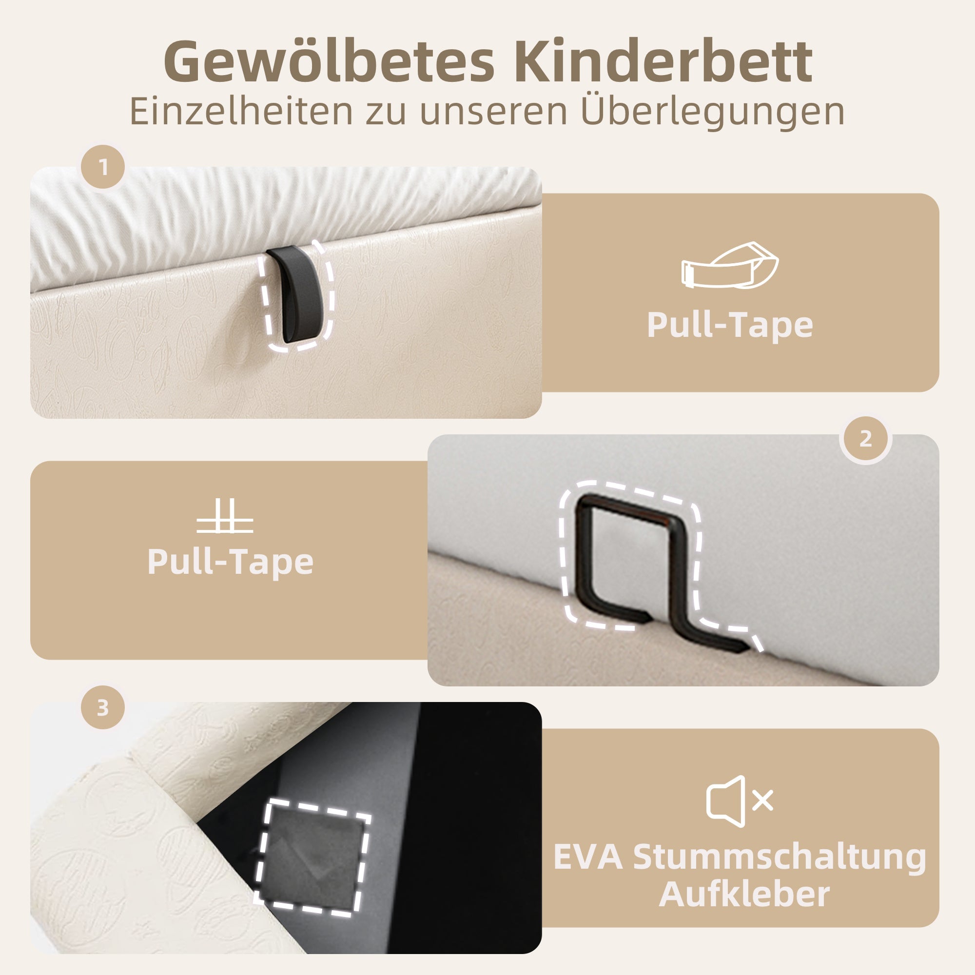 Upholstered children's bed, single bed with cosmic pattern, 90 x 190 cm, beige PU