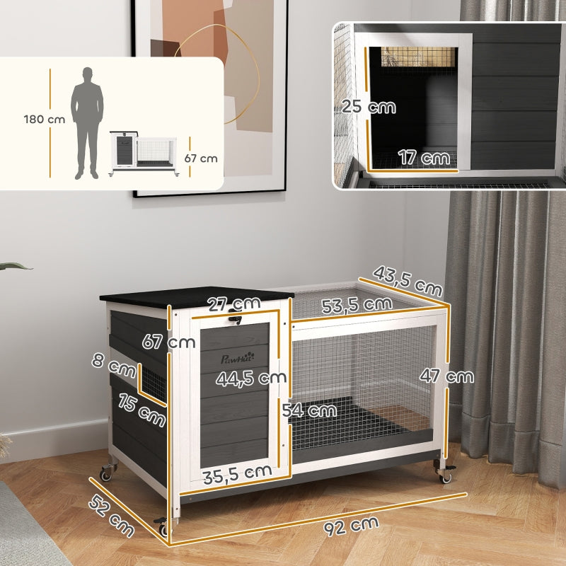 Rabbit Hutch, Free-Range Enclosure with Wheels, Folding Roof, Wooden Dark Grey