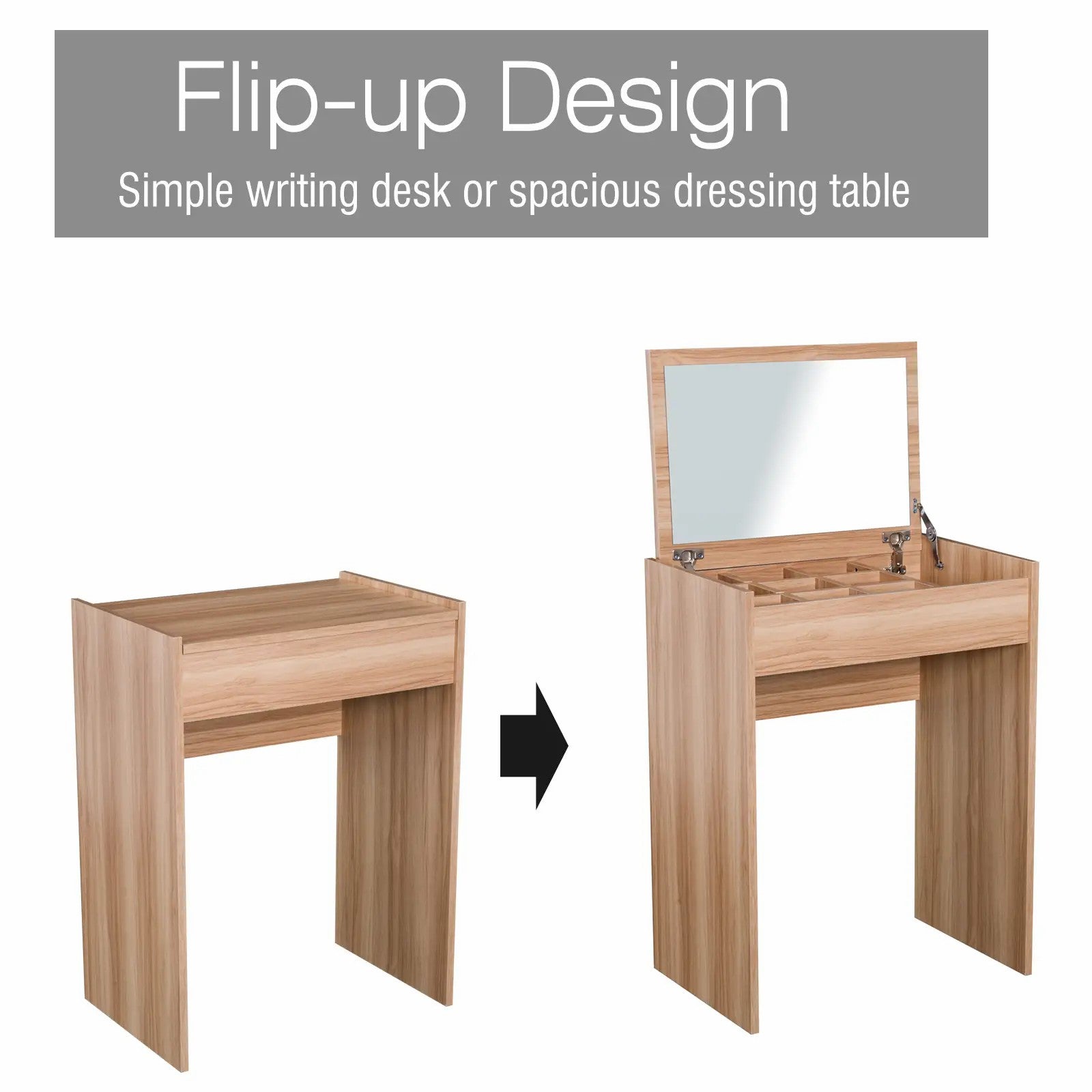 Dressing Table with Mirror and Stool, Flip Up Mirror Storage Padded Seat, Wood
