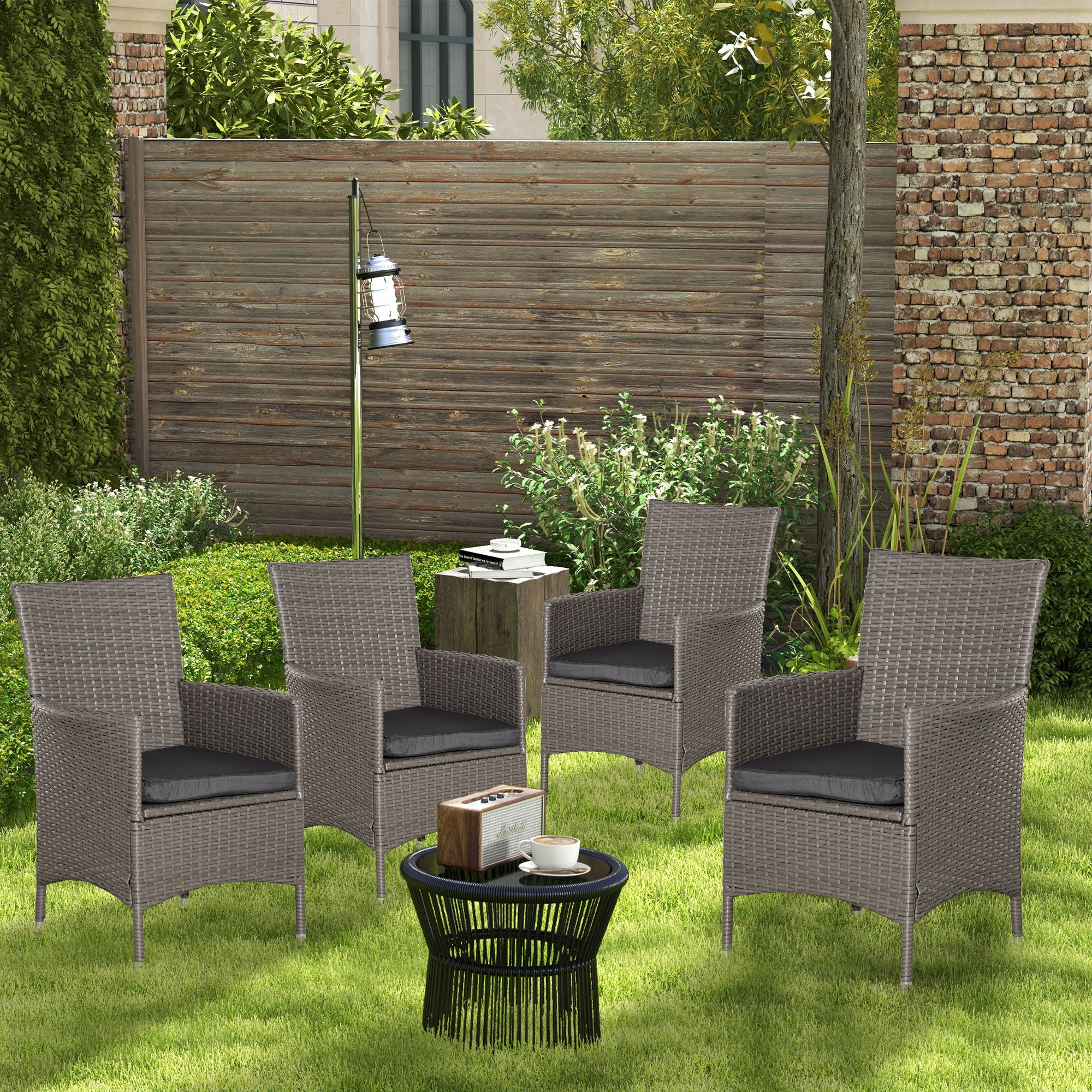 Rattan Armchairs, Set of Four with Cushions, Grey