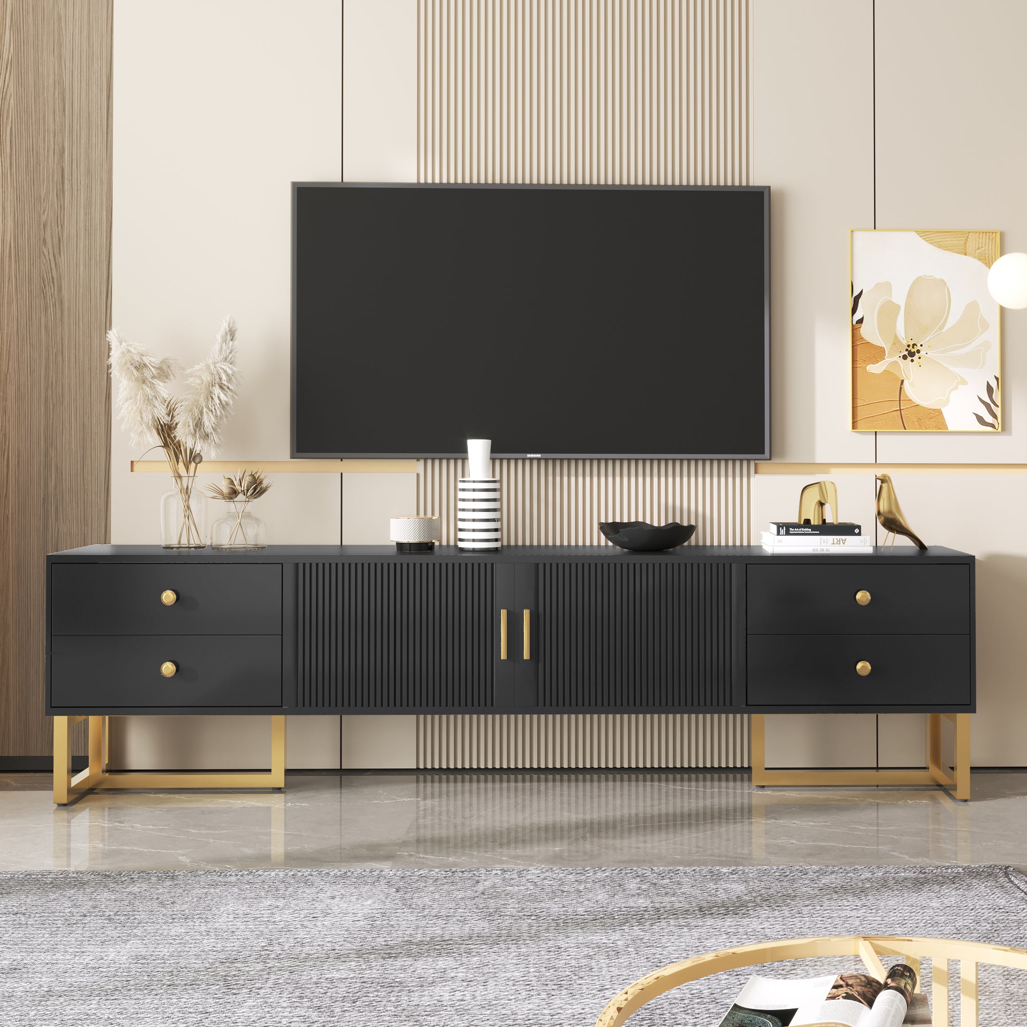 TV Cabinet, Low Panel Textured Door with Drawers, Gold Handles & Feet