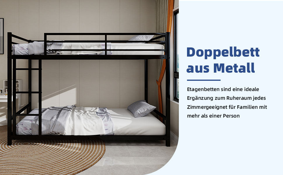 Metal Bunk Bed, Two Single Beds, Heavy-Duty, Quiet, Safety Railing, No Box Spring Required, Metal