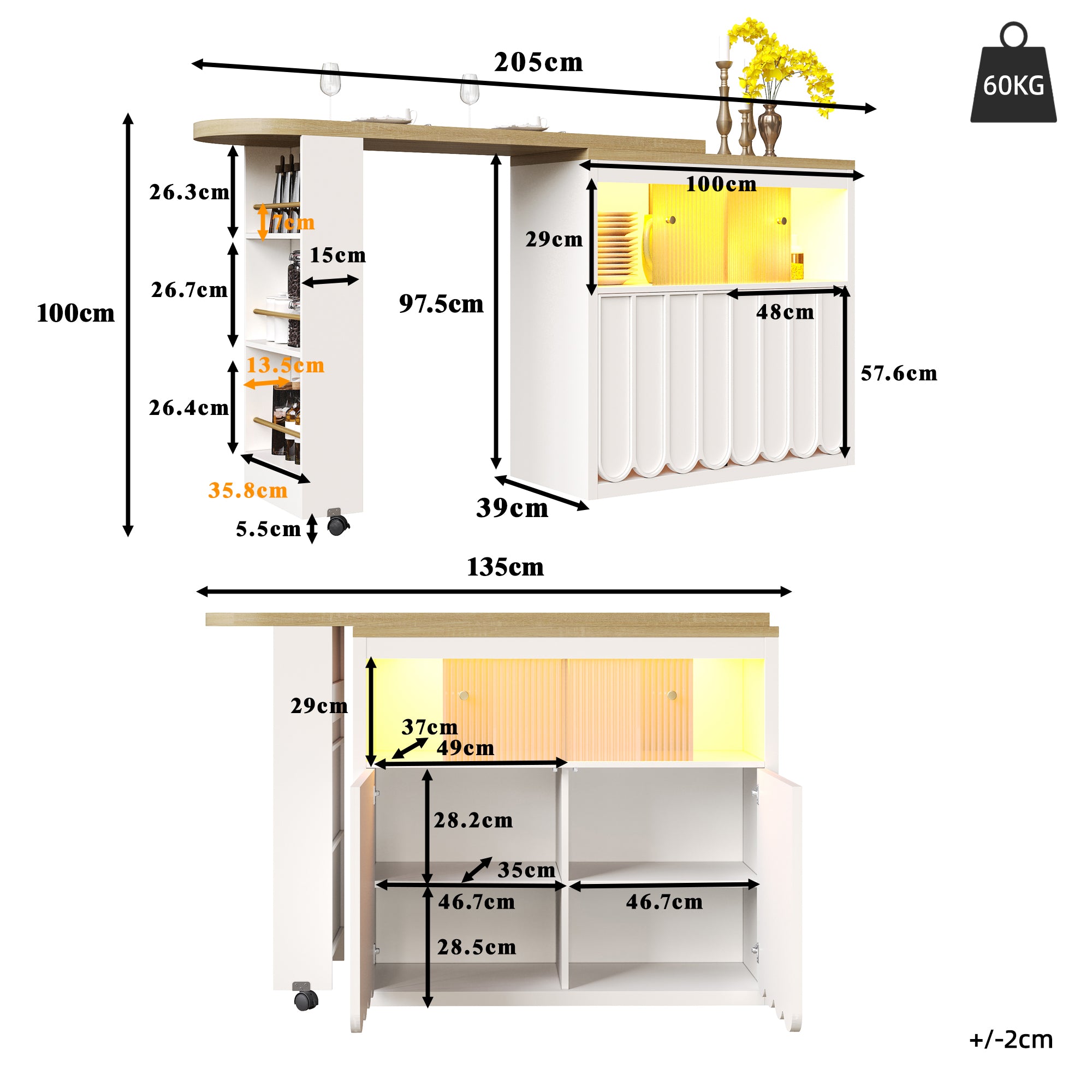 Telescopic Bar Table Storage LED Movable - White