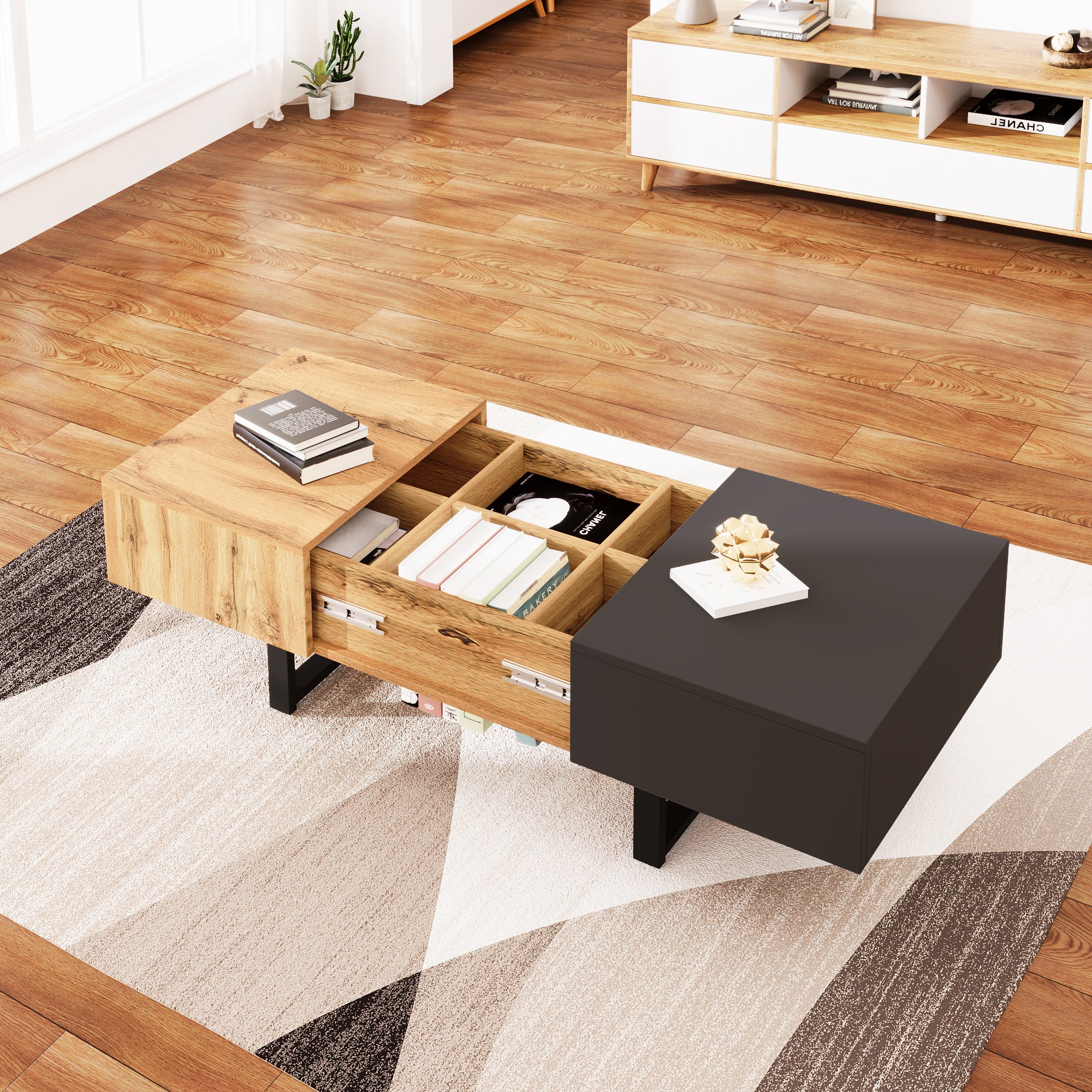 Multifunctional Modern Sliding Coffee Table with Hidden Storage, Wood and Metal