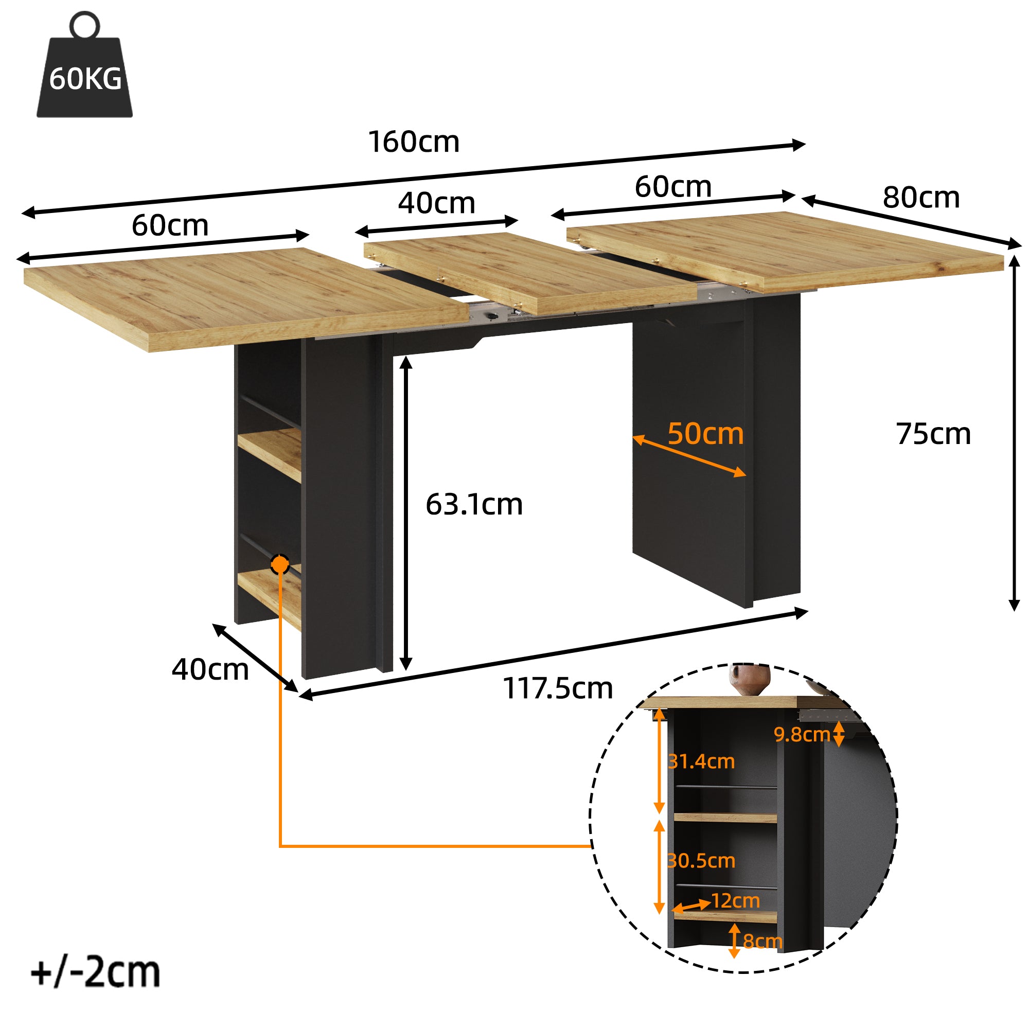Telescopic Dining Table with Shelves and Extendable 120-160cm Surface, Wood Color