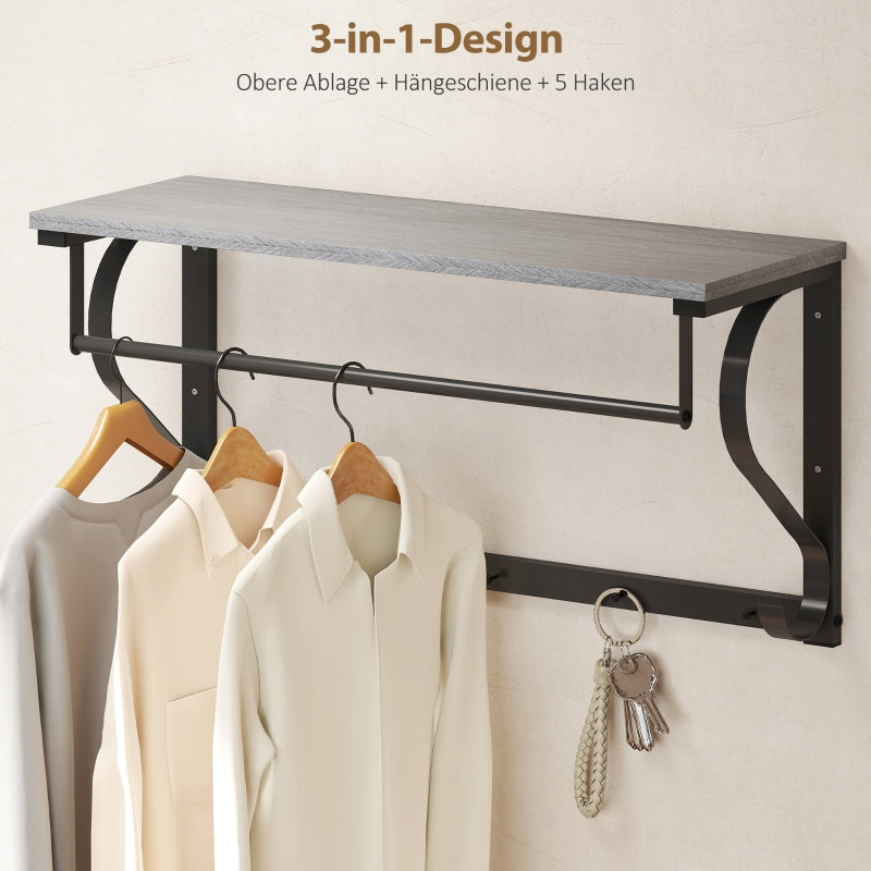 Wall-Mounted Clothes Rack, 5 Hooks with Top Compartment, Grey