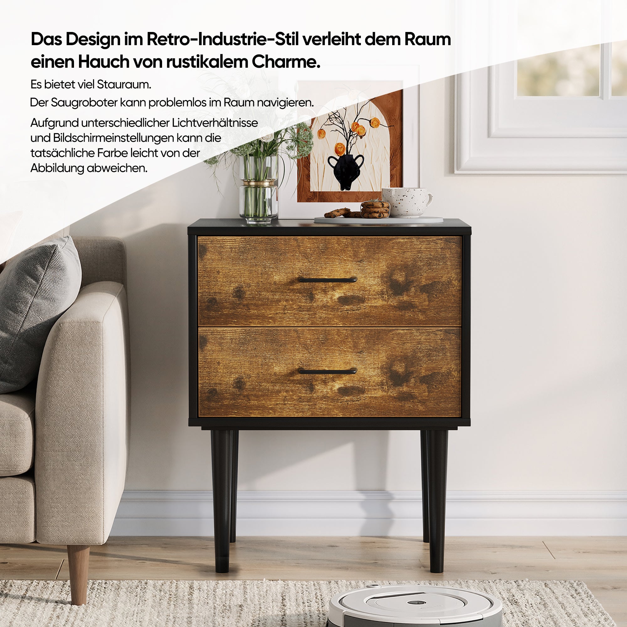 Retro Industrial Bedside Table 2 Drawers 51x38x66cm Vintage Brown