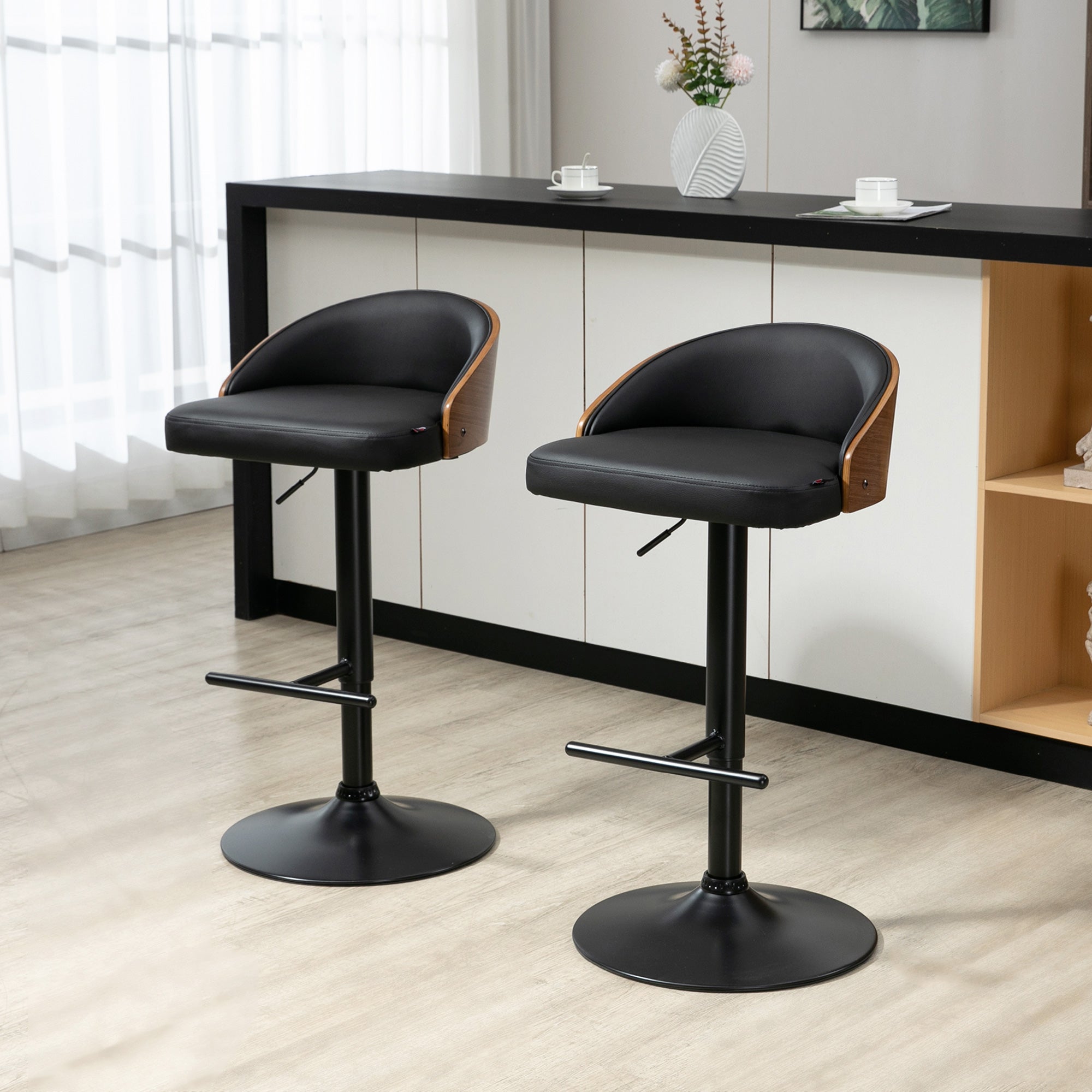 Bar Stools, Swivel Height-Adjustable with Footrest, Faux Leather Wood