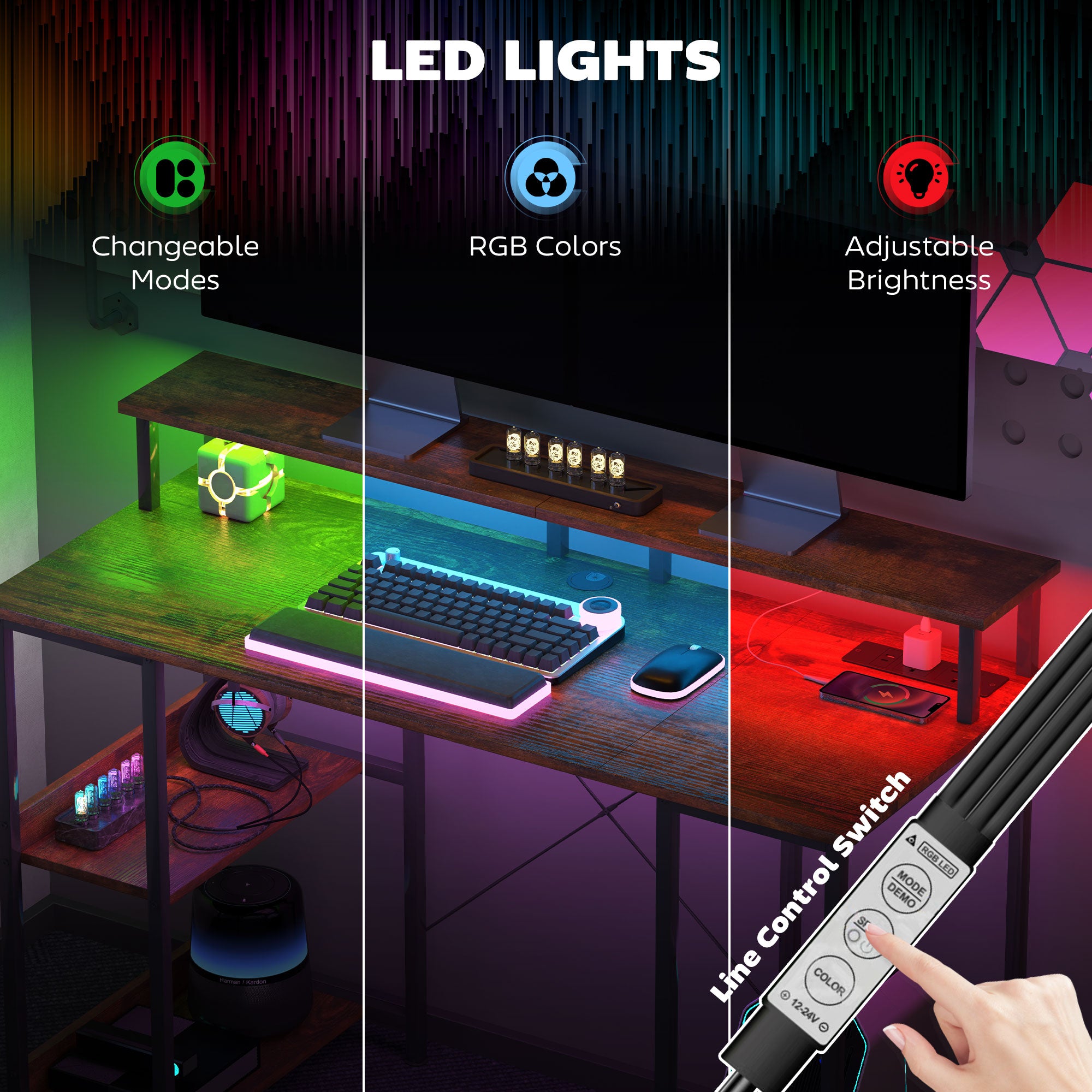 LED Computer Desk with Power Outlets and Shelves - Rustic Brown