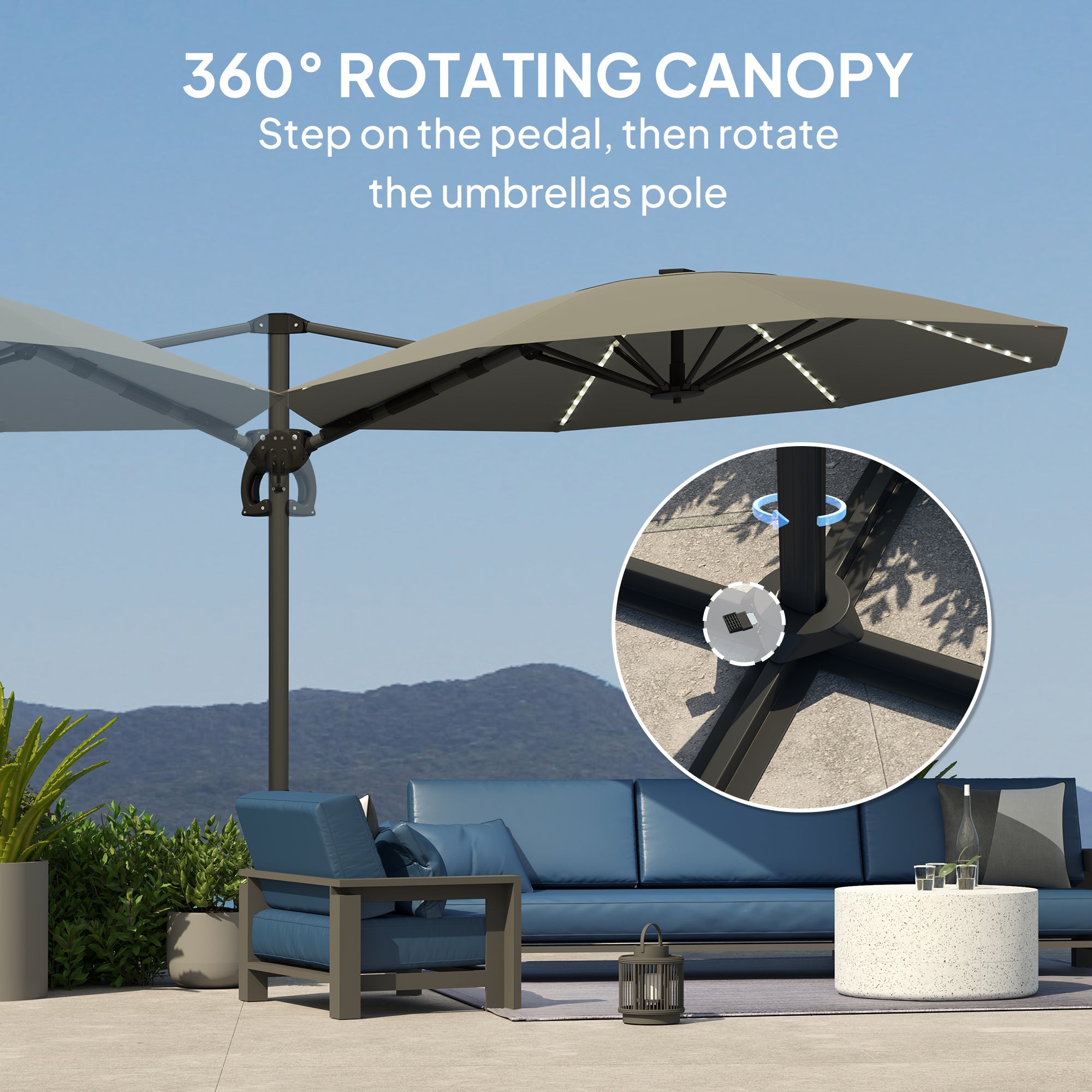 Cantilever Garden Parasol, Solar Powered Lights, Crank Handle, Cross Base, UPF 50+, 360° Rotation, Dark Grey
