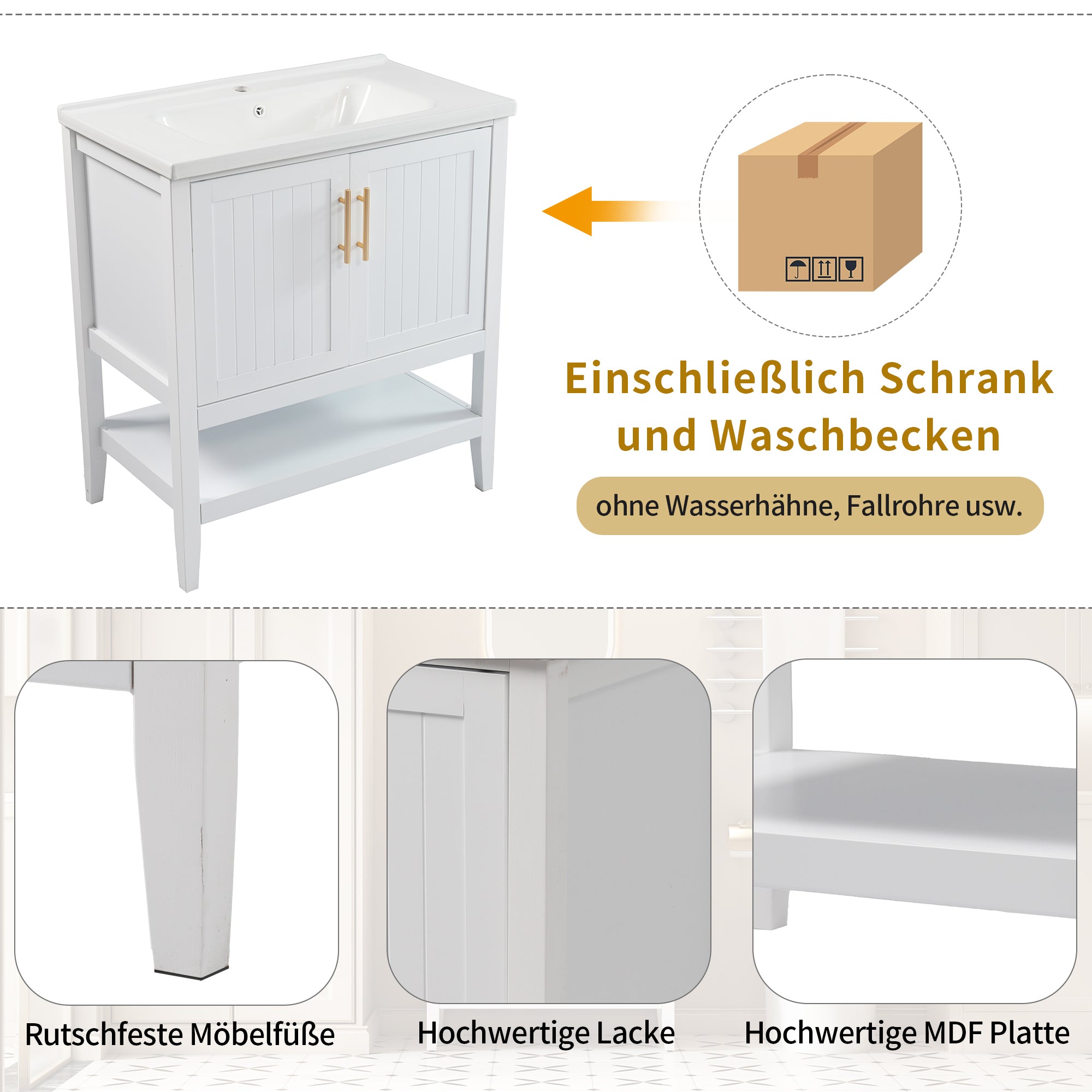 Single Vanity Unit 80cm Ceramic Washbasin - White