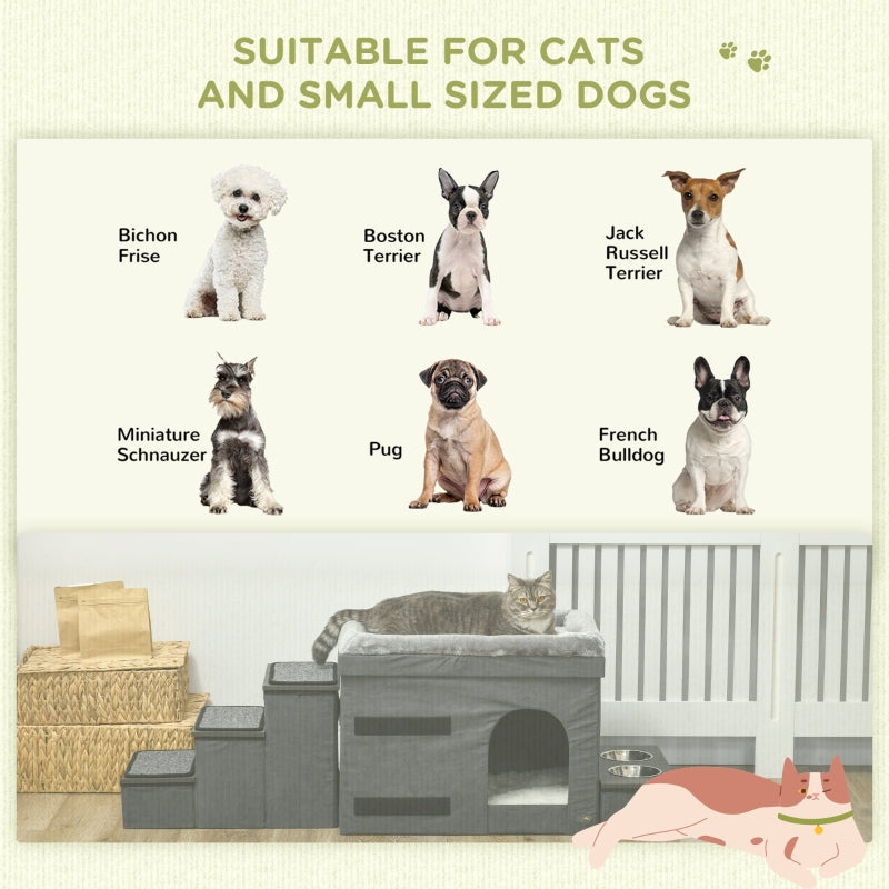 Cat House with 3 Pet Stairs & 2 Food Bowls, Grey