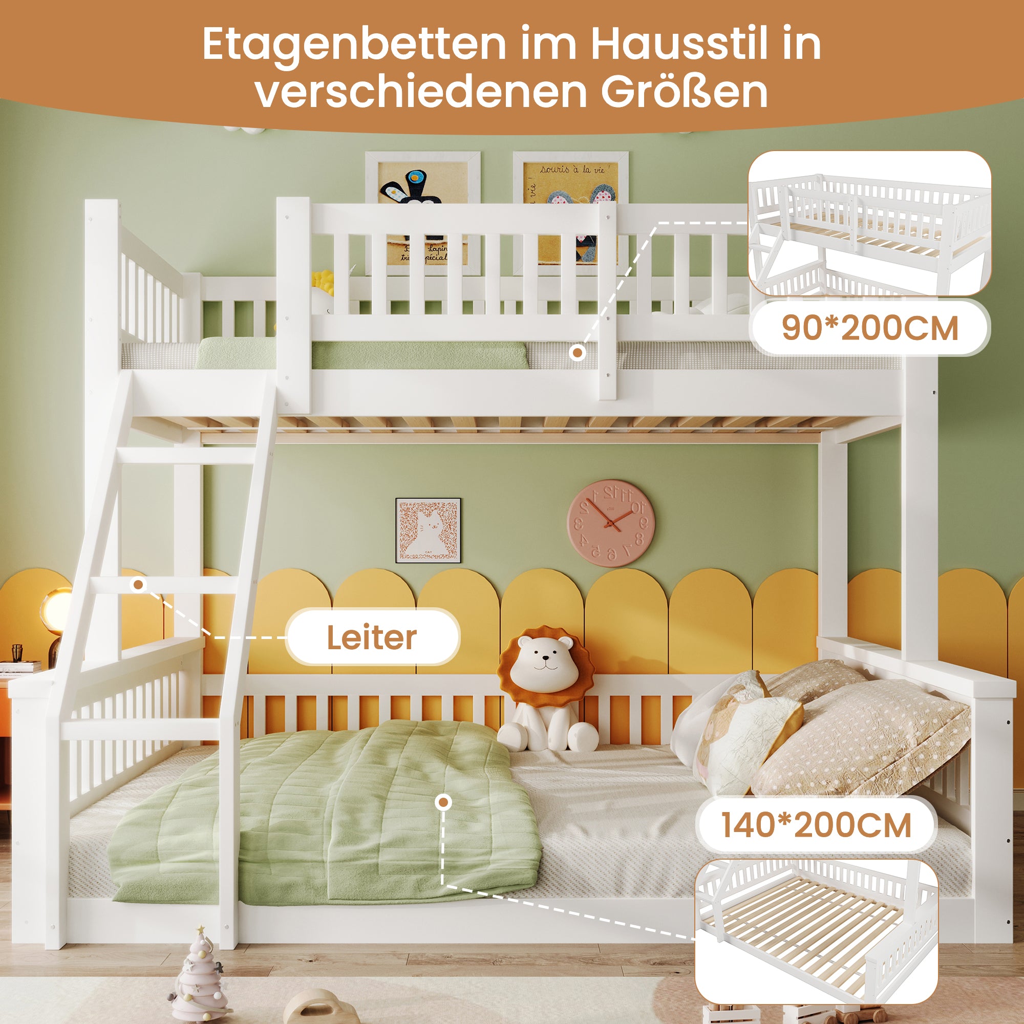 Bunk Bed 90x200cm/140x200cm with Ladder & Rail, White