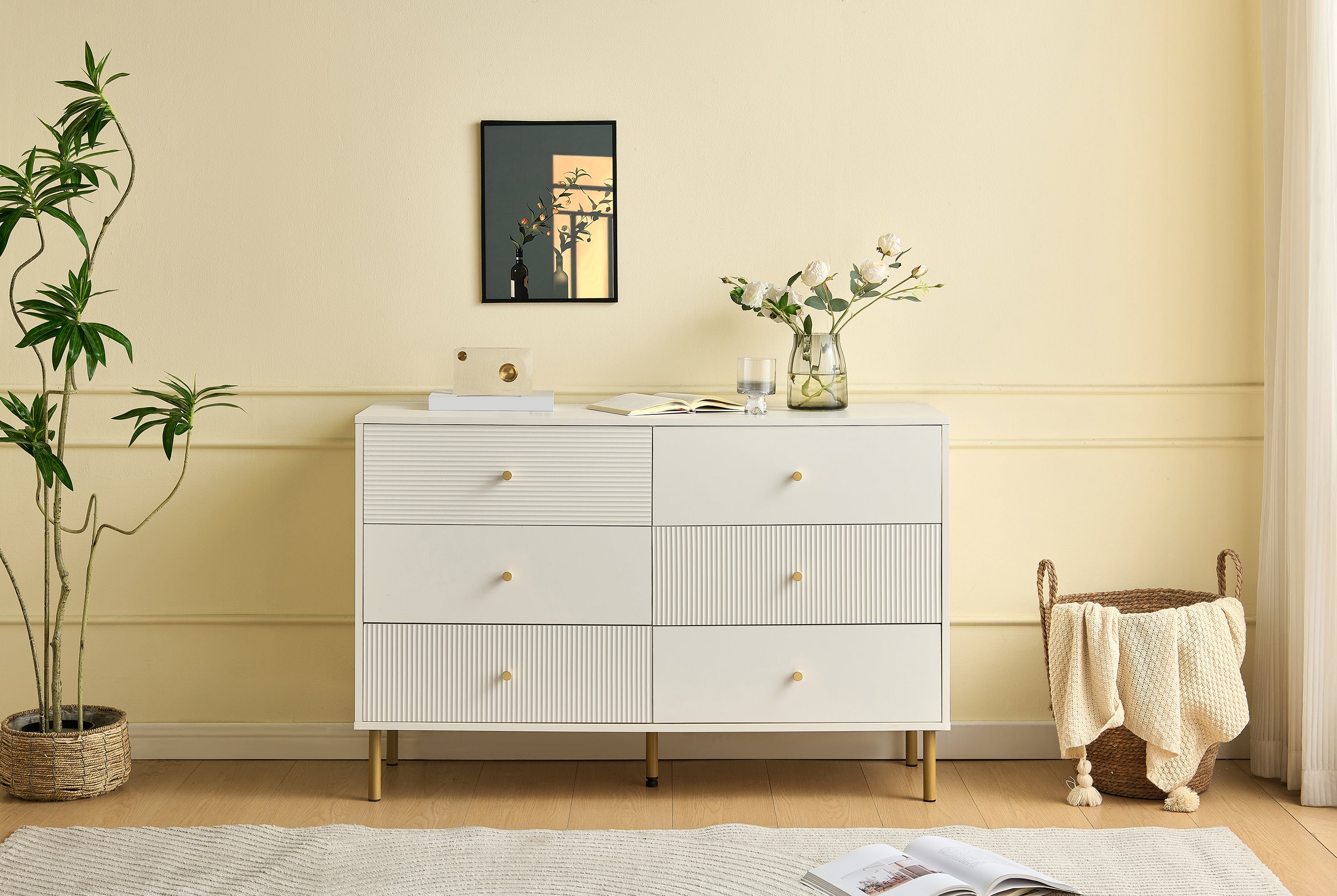 Chest of Drawers, 6-Drawer Storage with Steel Legs, White MDF