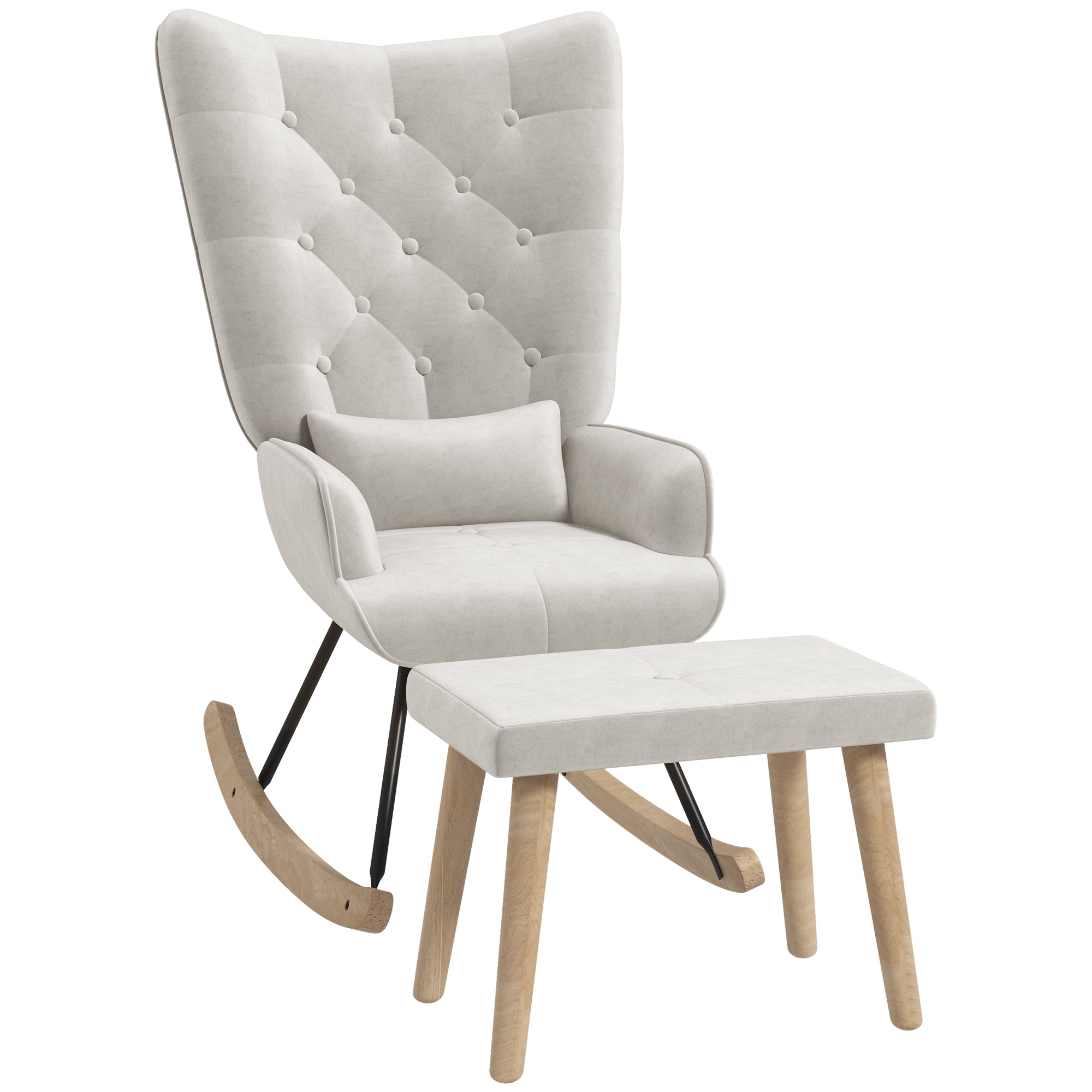 Rocking Chair with Stool, Cushion, Wingback, Cream White Velvet