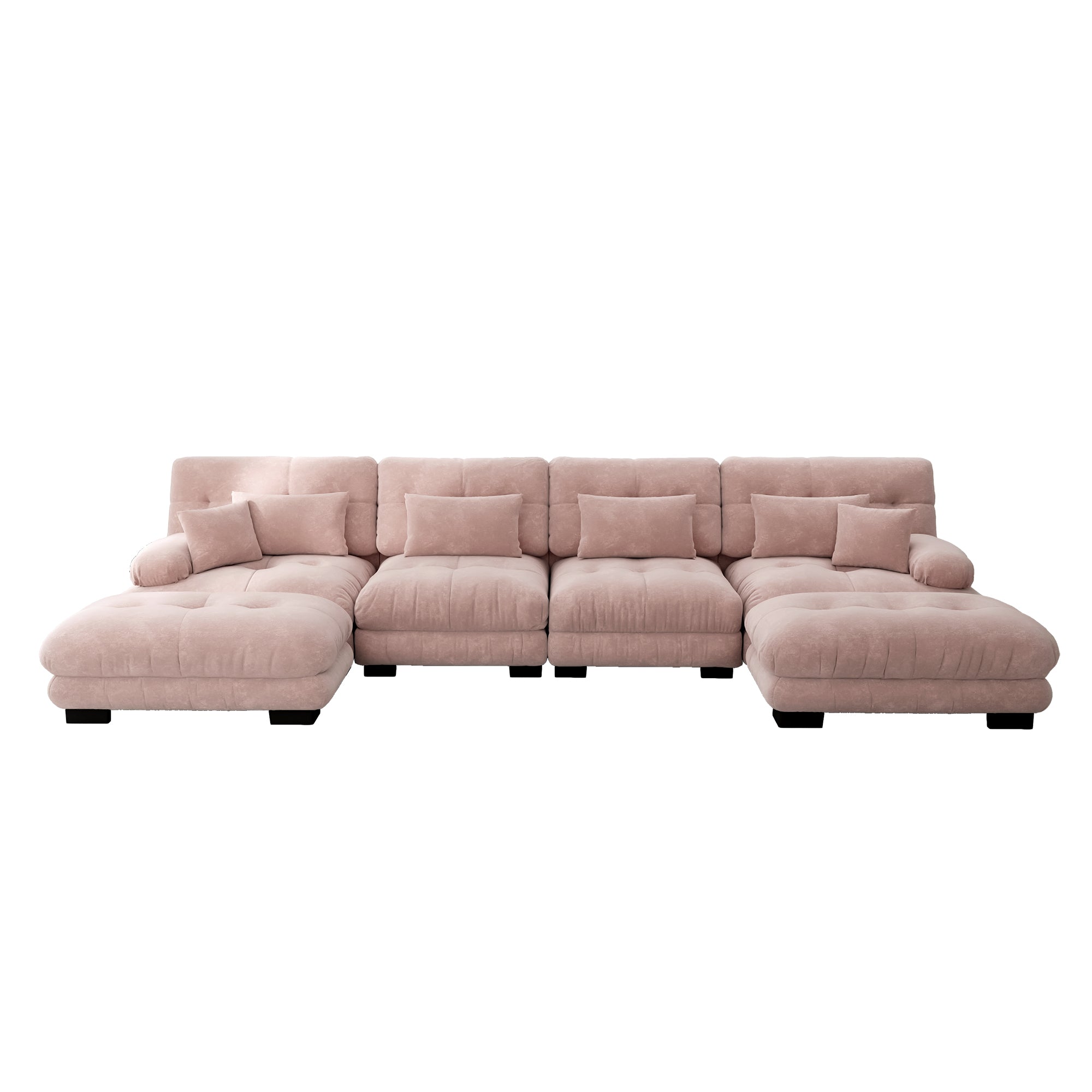 Modular Corner Sofa, U-shaped 4-Seater with Movable Ottoman, Pink Chenille