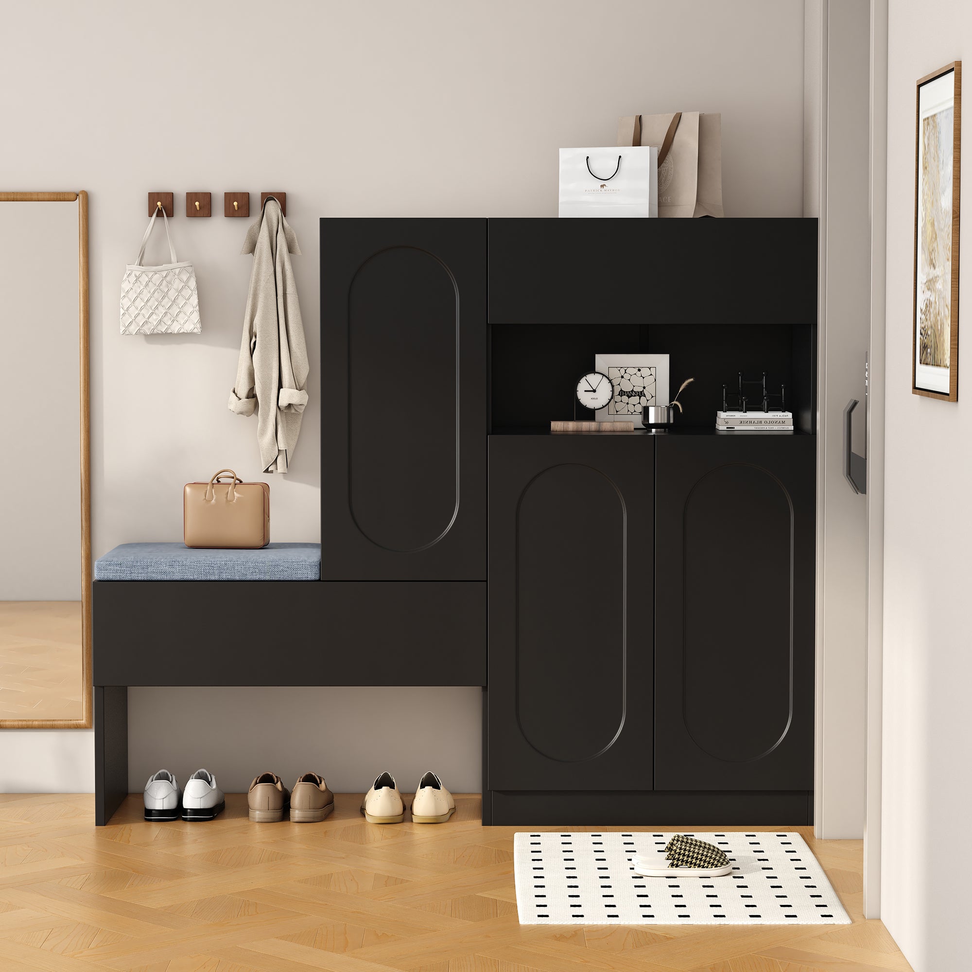 Trendy 2-in-1 Shoe Cabinet with Curved Doors, Soft-Close, Adjustable, Upholstered Bench, Black