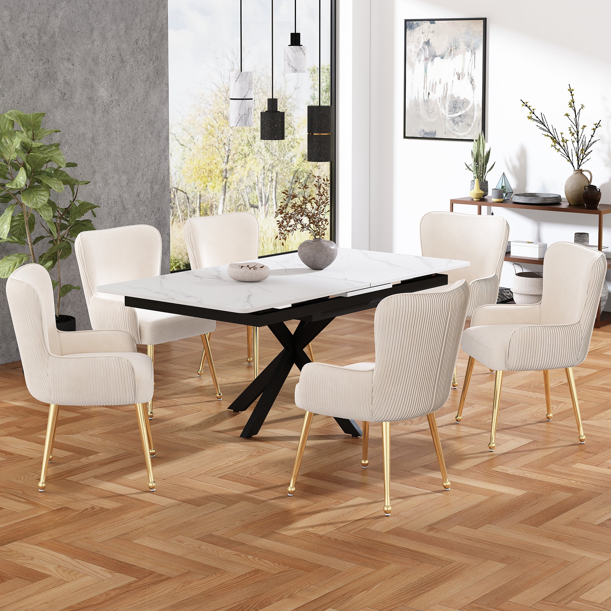 Velvet Dining Chair Set of 4, Lounge Chair with Gold Metal Legs and Armrests, Beige