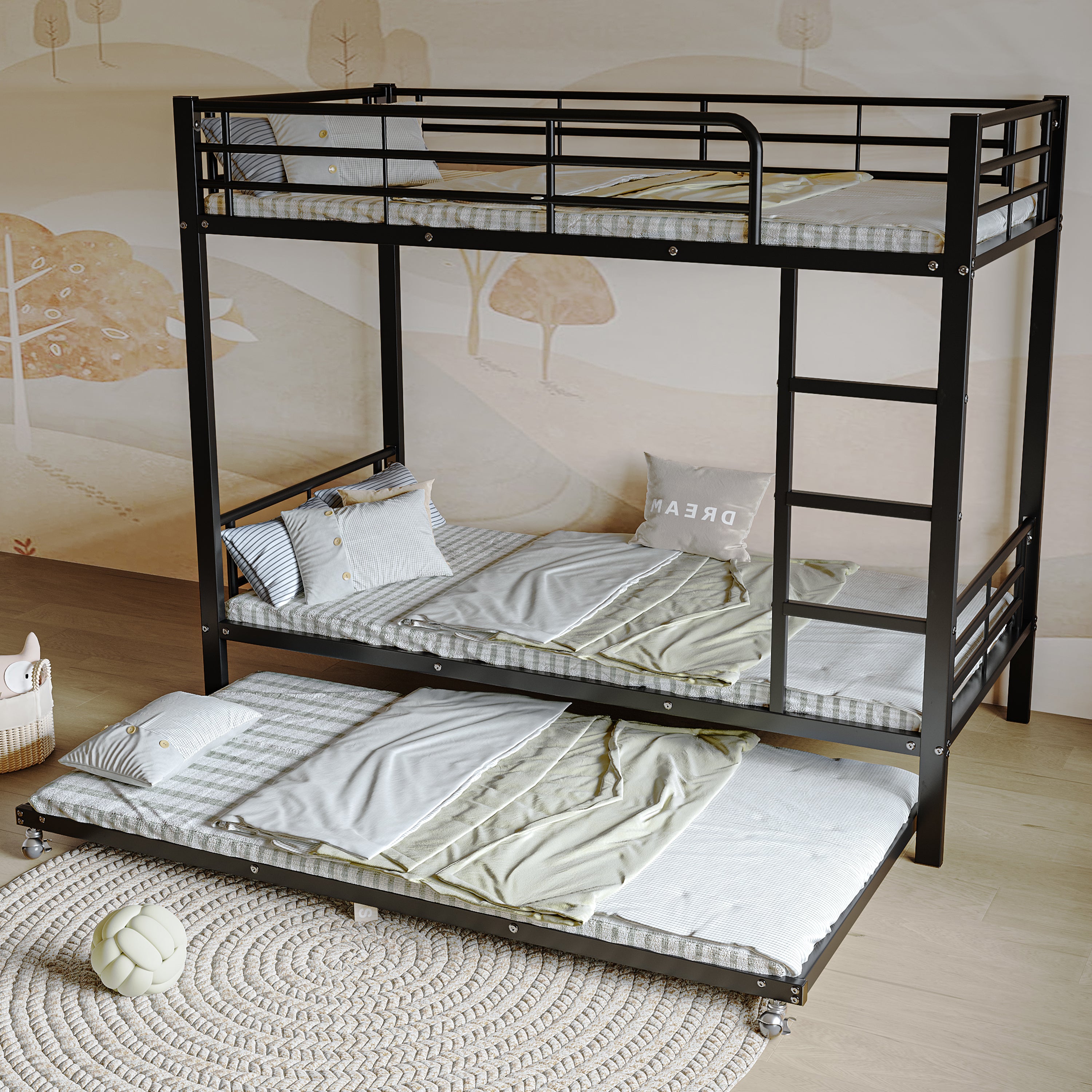 Iron Bunk Bed Pull-out Bed 4 Side Rails 90x200cm & 90x190cm, Black Metal
