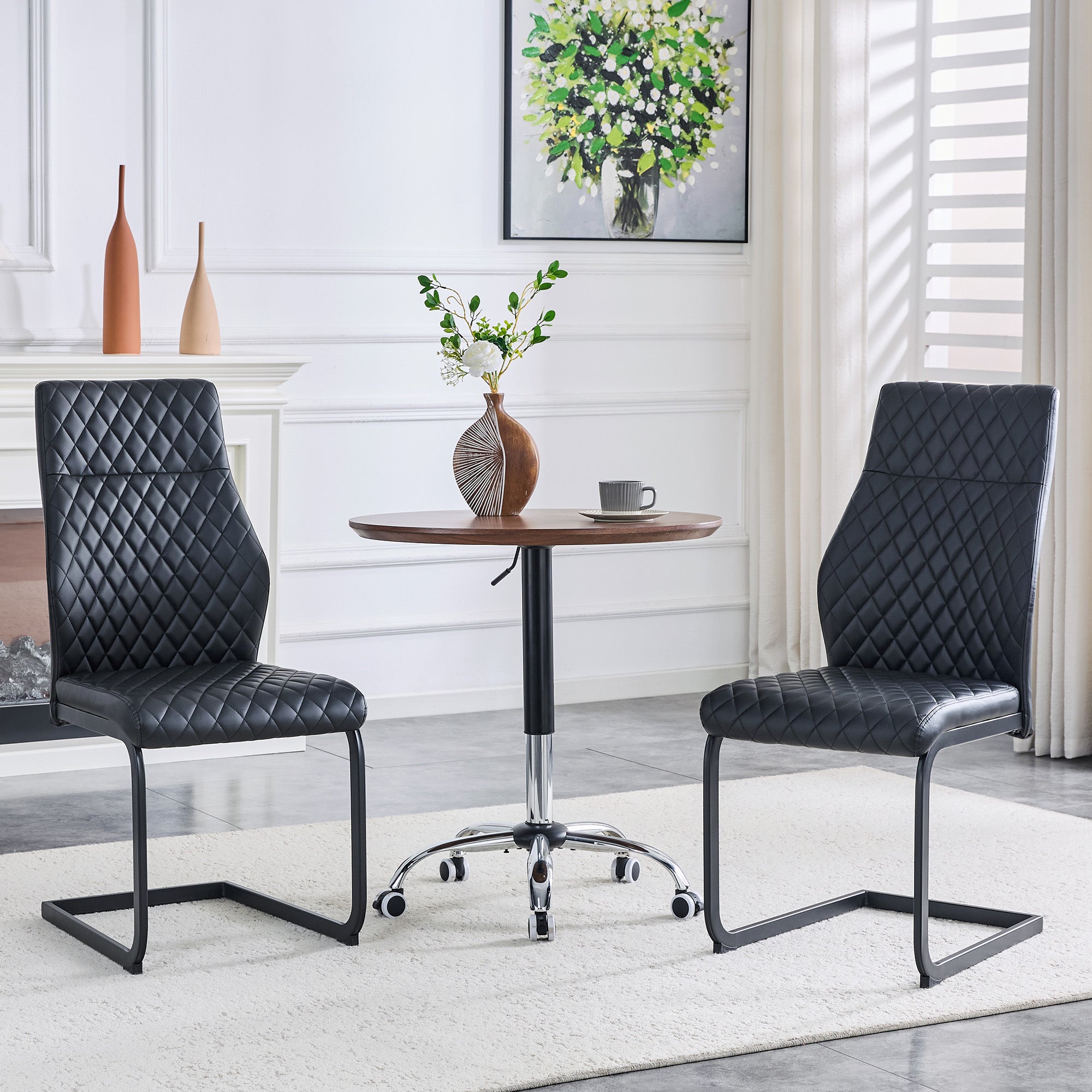 Dining Chair Set of 2 with High Backrest and Diamond Pattern, Black Metal Frame and PU Leather