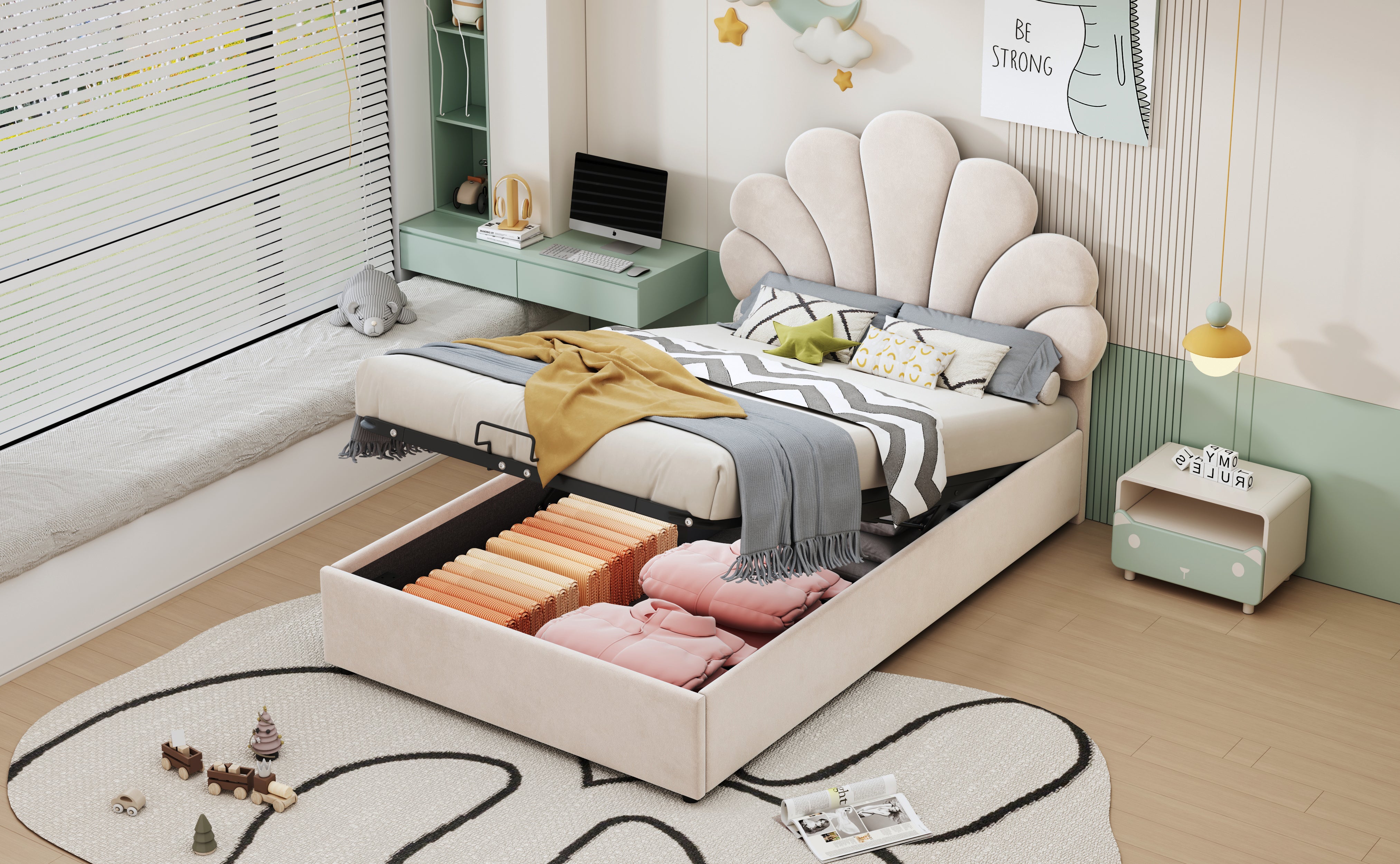 Upholstered Children's Bed 90x200cm Floral Hydraulic Storage Velvet Beige