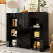 Buffet Cabinet, Compact Storage with Glass Shelves and Door, Black High-Gloss