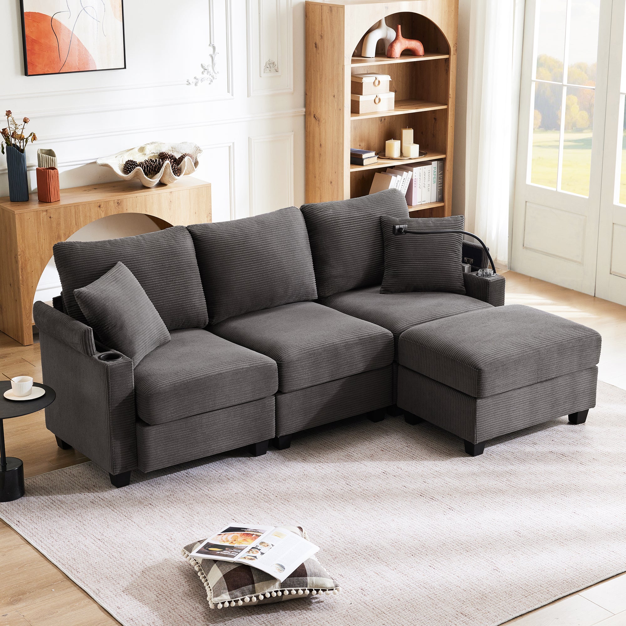 L-shaped Corner Sofa, Convertible 3-Seater with Footstool, Cup Holder, USB Charger, Armrest Storage, Dark Gray