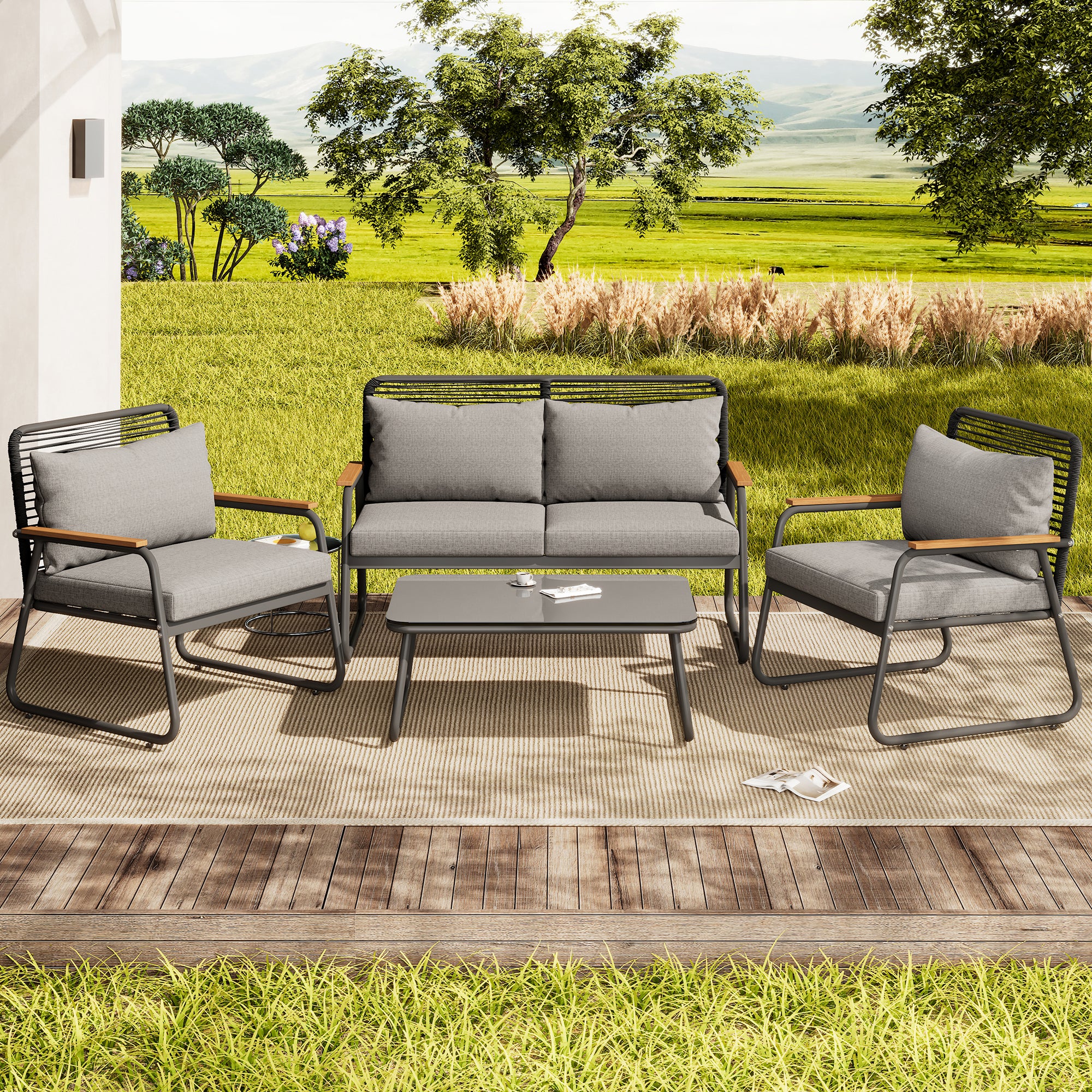 Garden Lounge Set 4-Seater Galvanized Iron Frame Tempered Glass - Grey