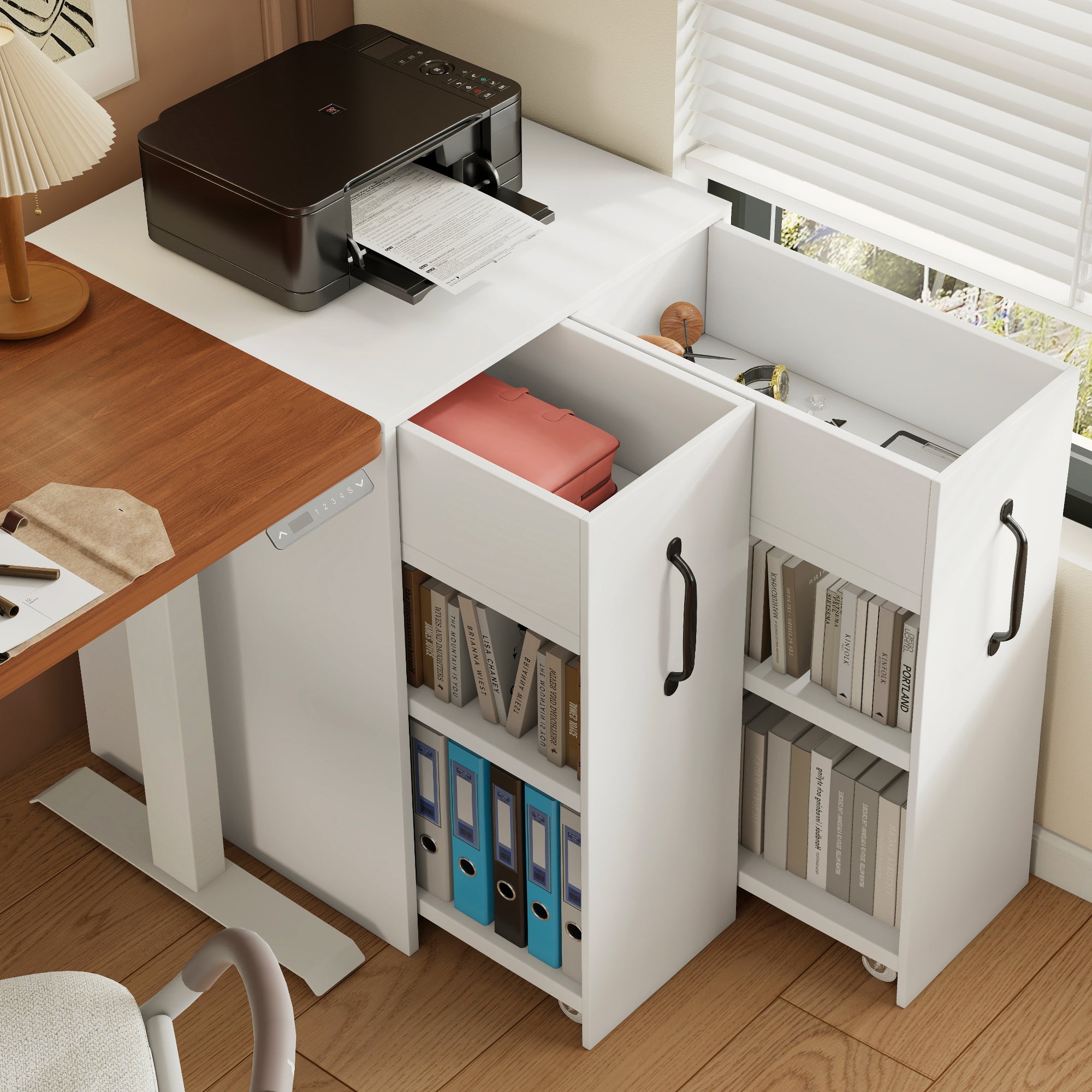 Small Bookcase with Wheels Extendable Reversible Shelves & Drawers