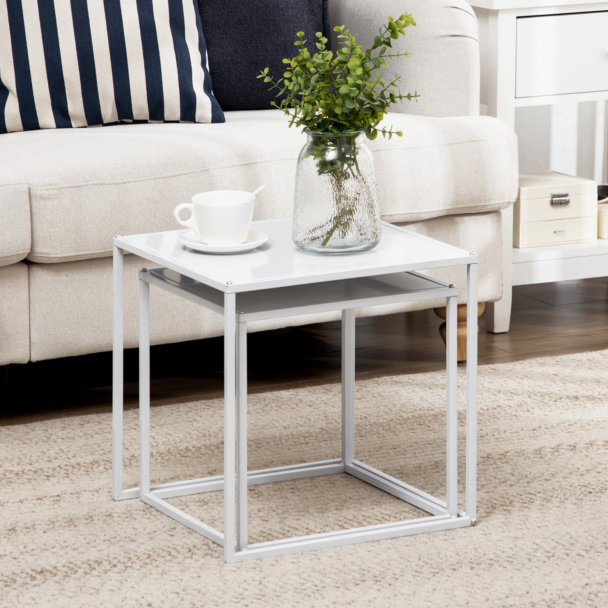 Coffee Tables, Set of 2 Square Side Table with Steel Frame, White