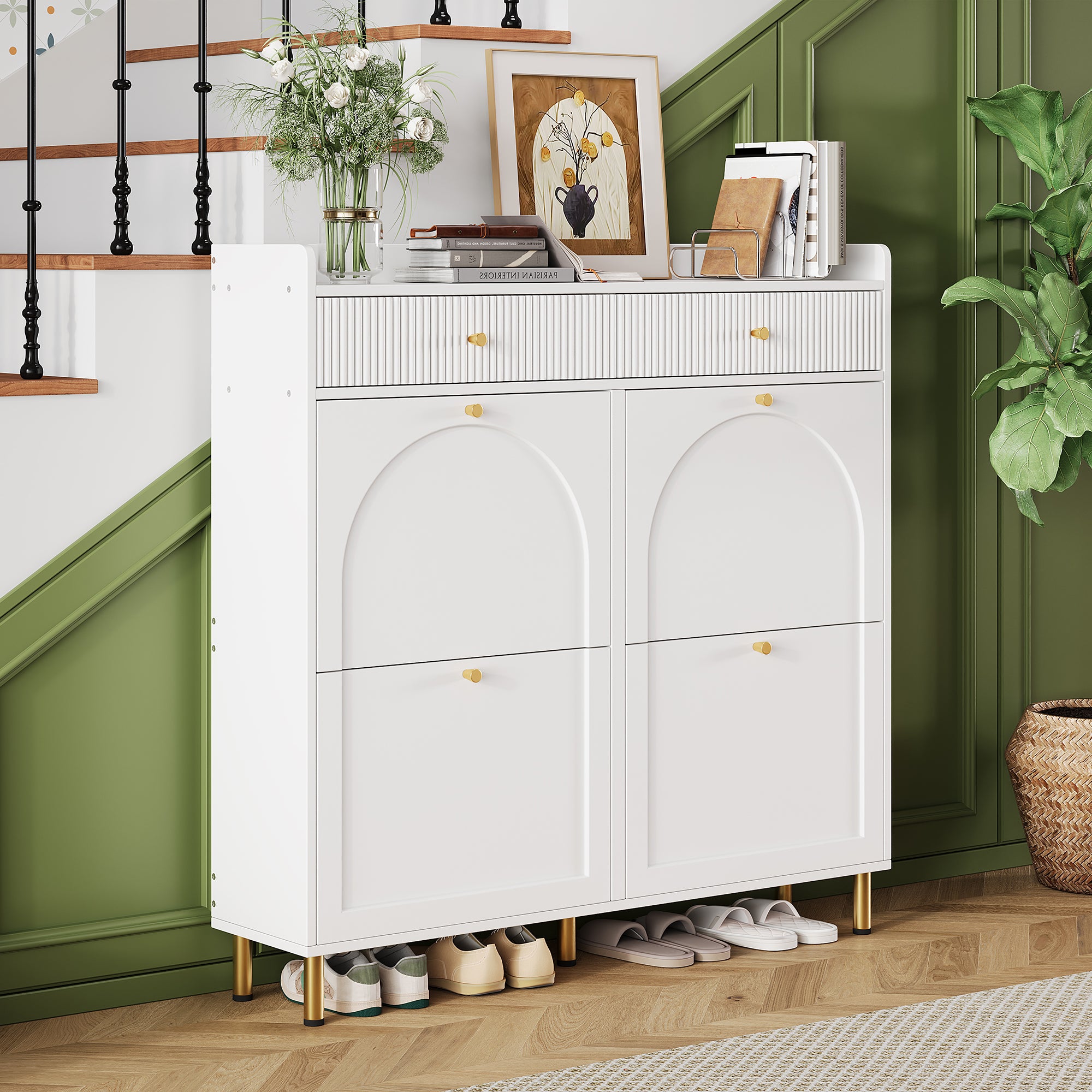 Shoe Cabinet Narrow 4 Hinged Doors 2 Drawers Metal Handles White