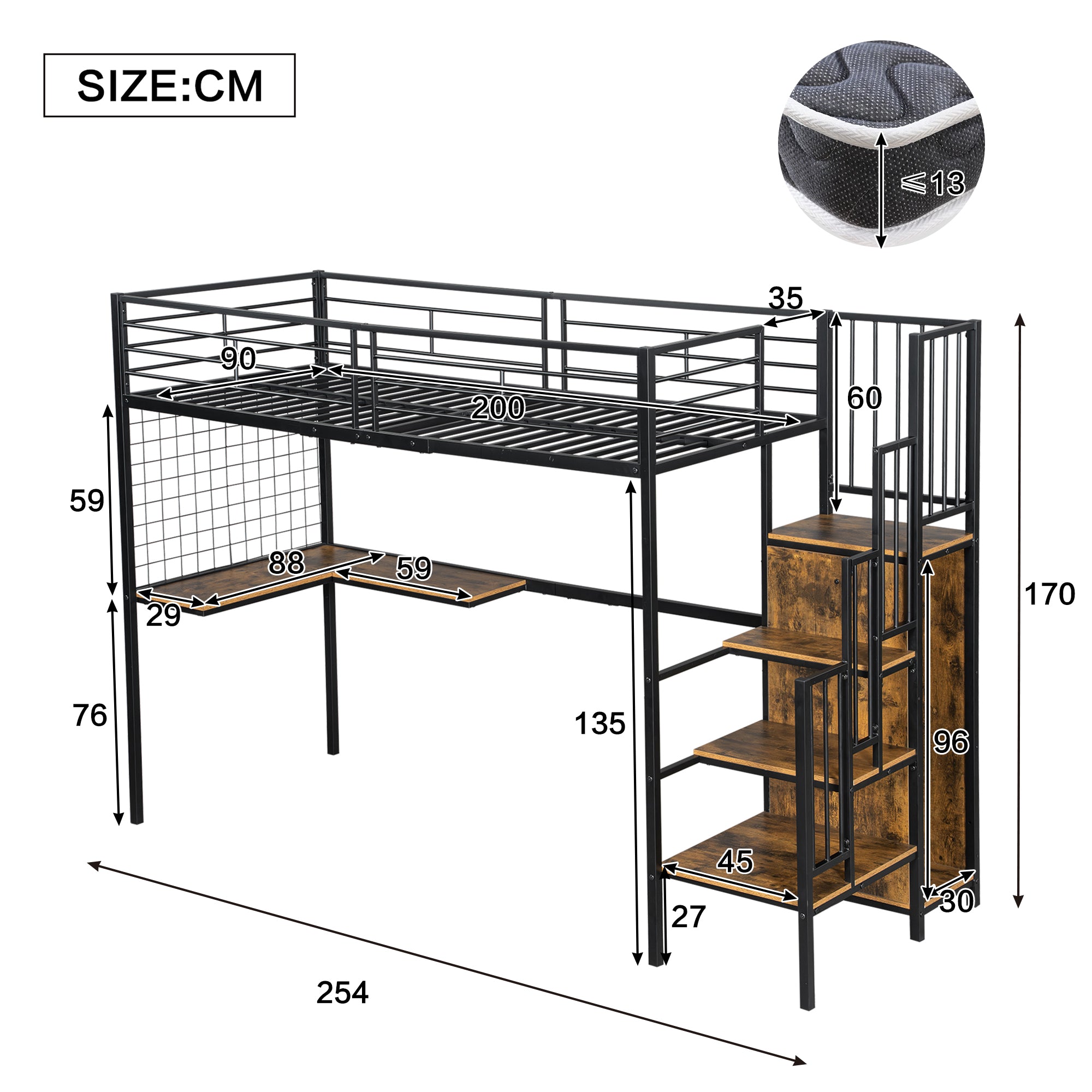 Iron Bunk Bed, Loft Bed with Table & Wardrobe, 90x200cm, Black Iron & Dark Wood
