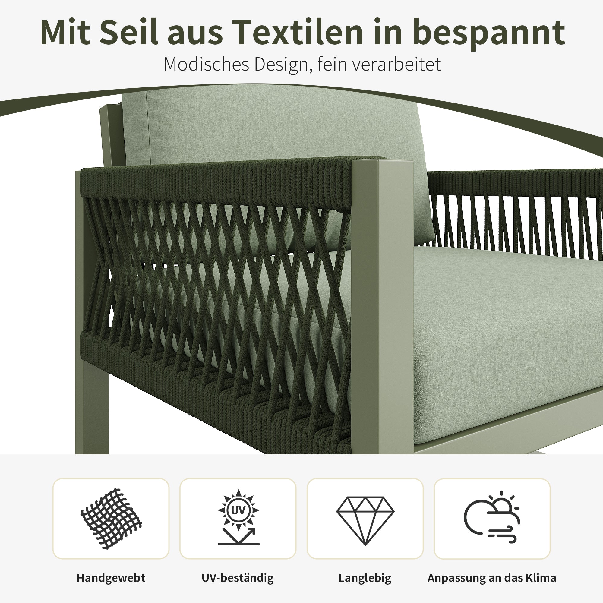 Garden Lounge Chair Set 4-Piece Rope/Iron Frame Glass Top - Green