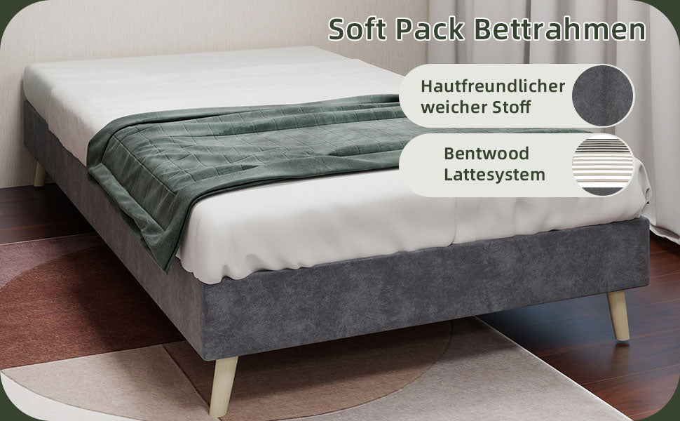 Modern Minimalist Bed Frame, Low-Profile Base 90x200 cm, Grey Dutch Velvet Fabric