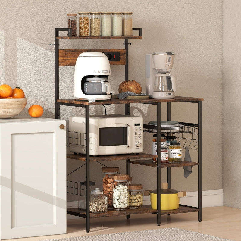 Kitchen Shelf Freestanding 5-Tier 2 Sockets 5 Hooks Basket - Steel