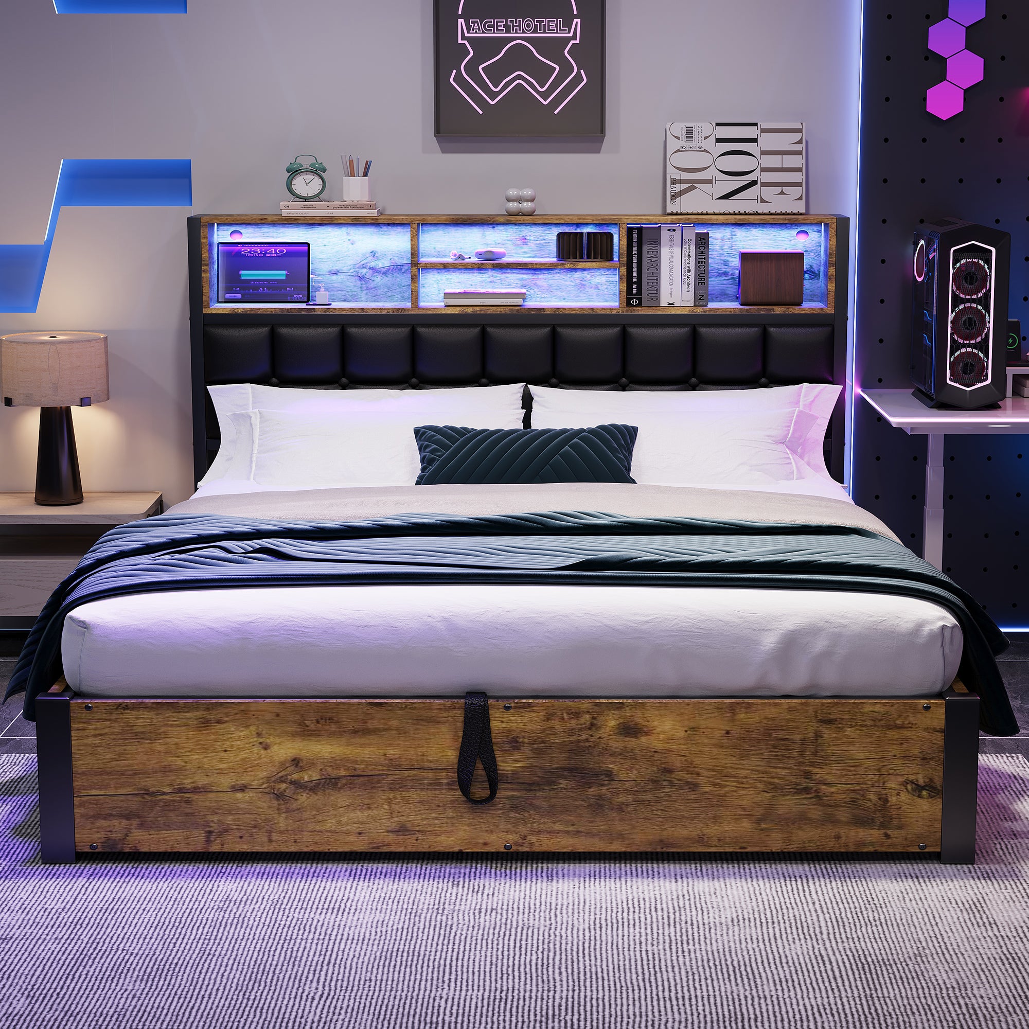 Hydraulic Bed with Charging Port, LED Light & Storage, 4ft6 Double, Black + Wood