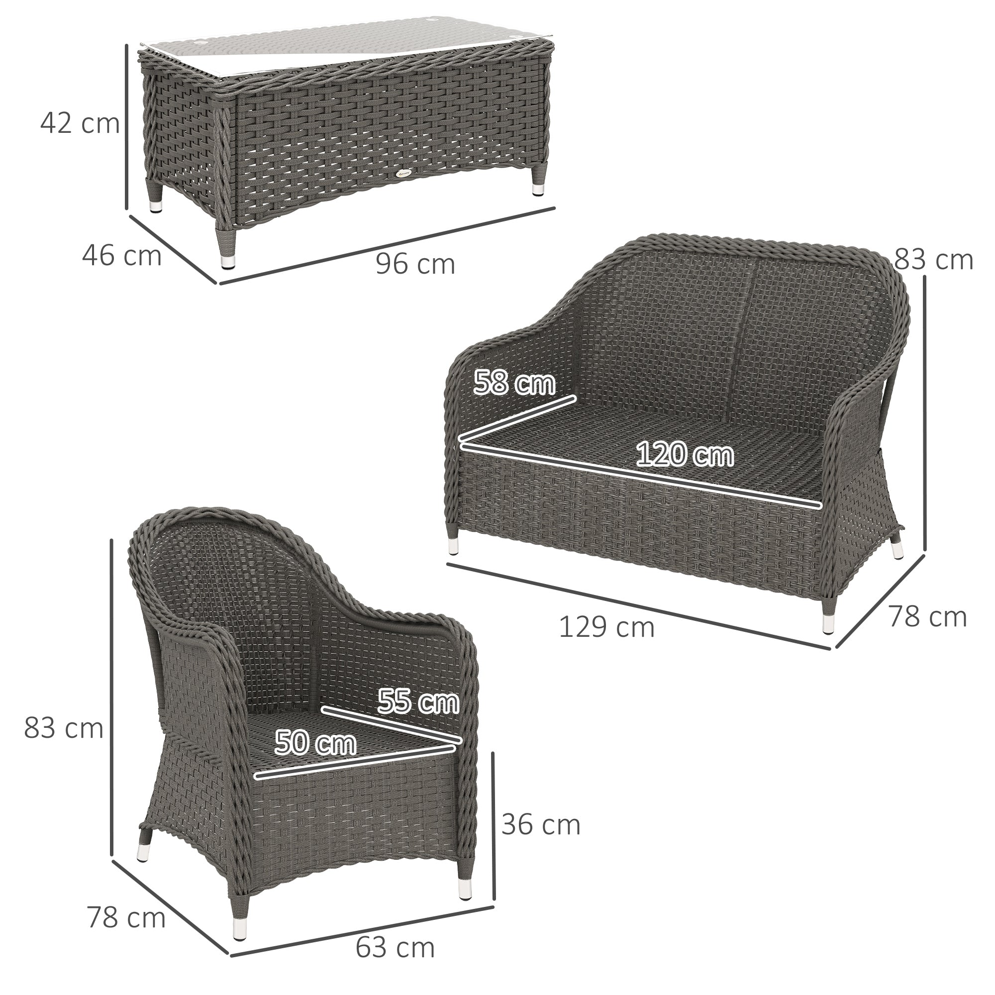 Four-Piece Sofa Set, Rattan with Glass-Top Table, Light Grey