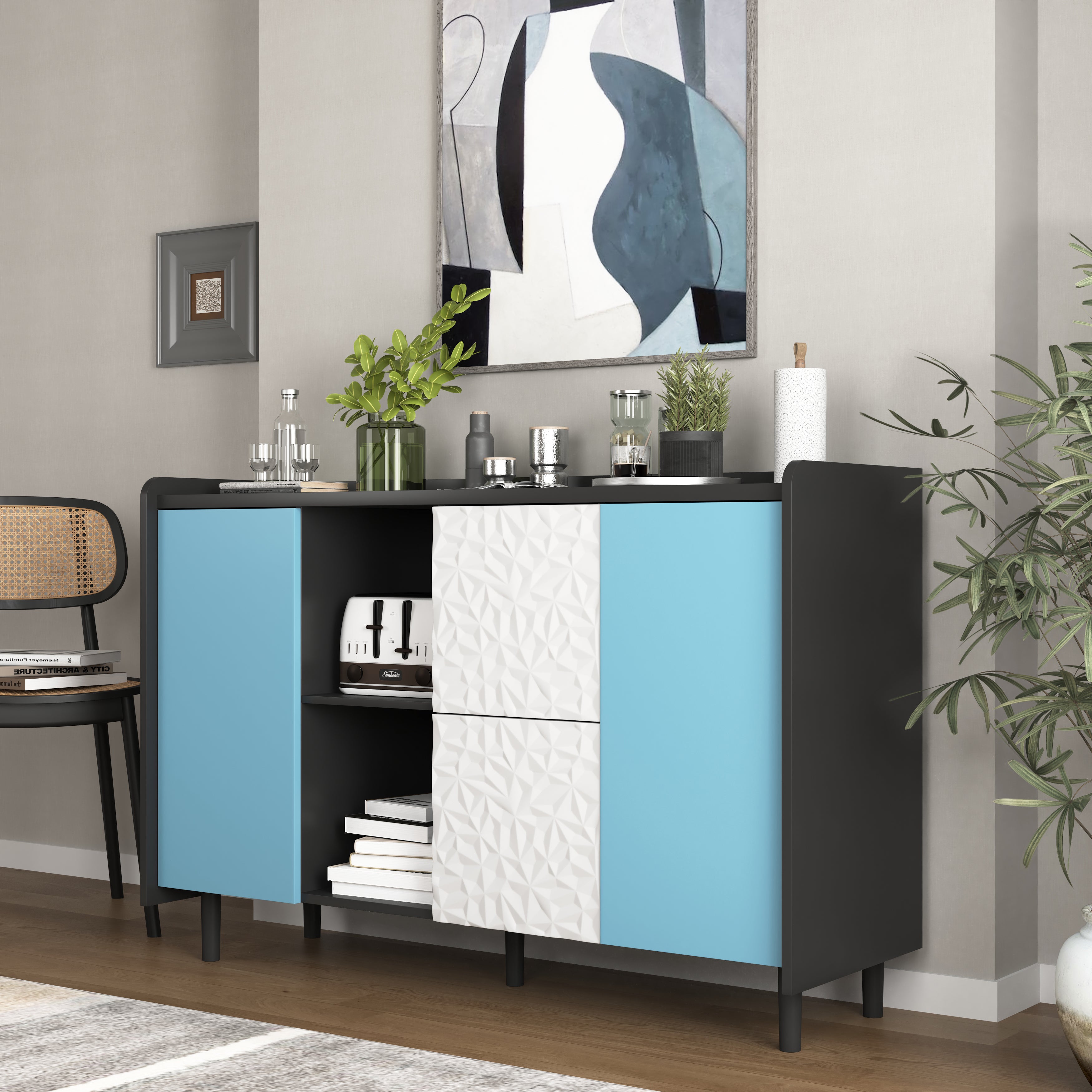 Sideboard Buffet Cabinet with Unique Panel Blue Doors, 2 Drawers Open Storage, Black