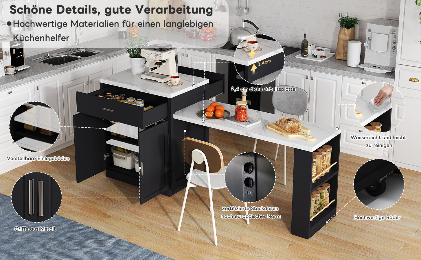 Kitchen Island with Extendable Dining Table for 4-6 People, Power Outlet and Storage Drawers, Black and White Marble Look