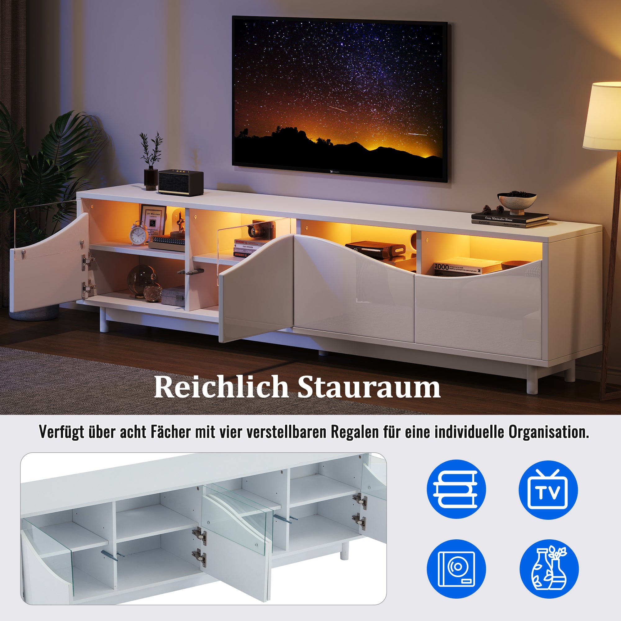 TV Cabinet, Curved High-Gloss with Tempered Glass Door & LED Lighting, White
