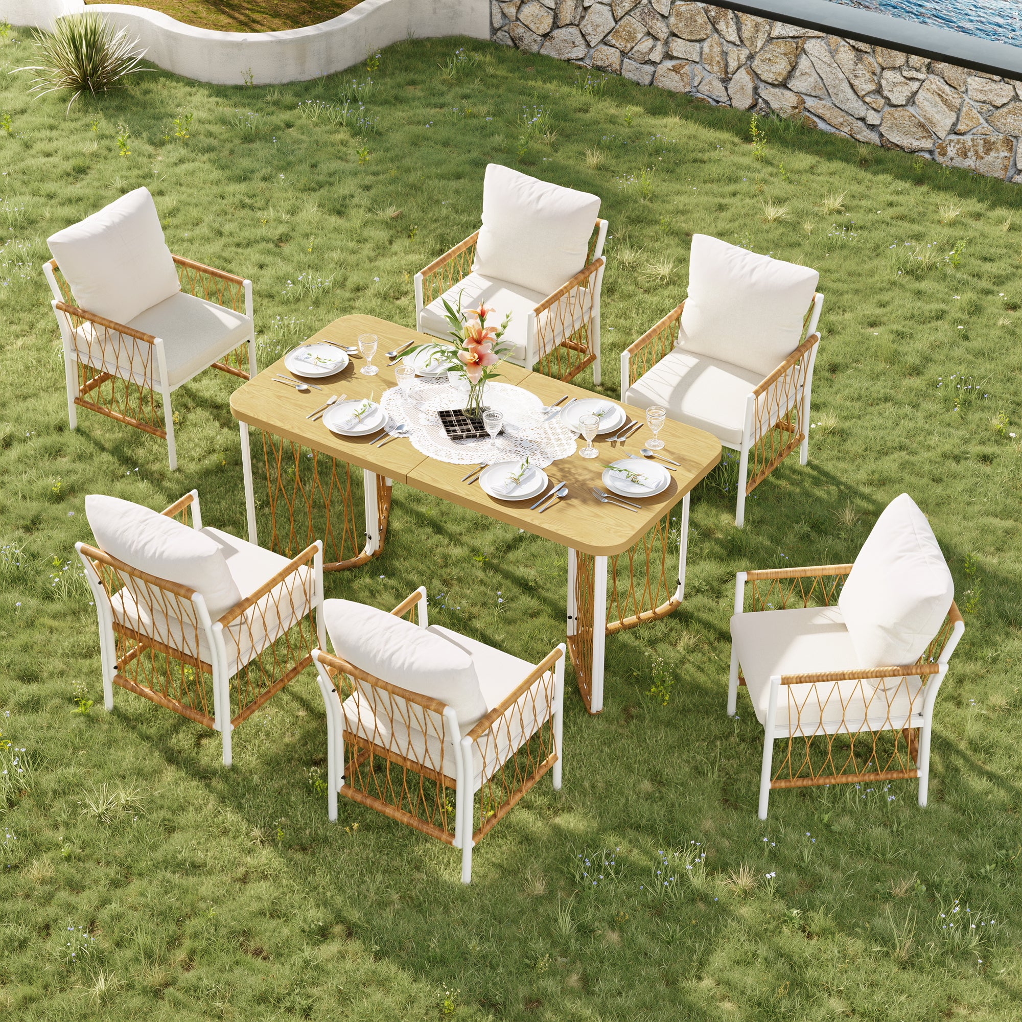 Modern Outdoor Leisure and Meeting Set with Woven Armrests and Cushions, Iron Frame