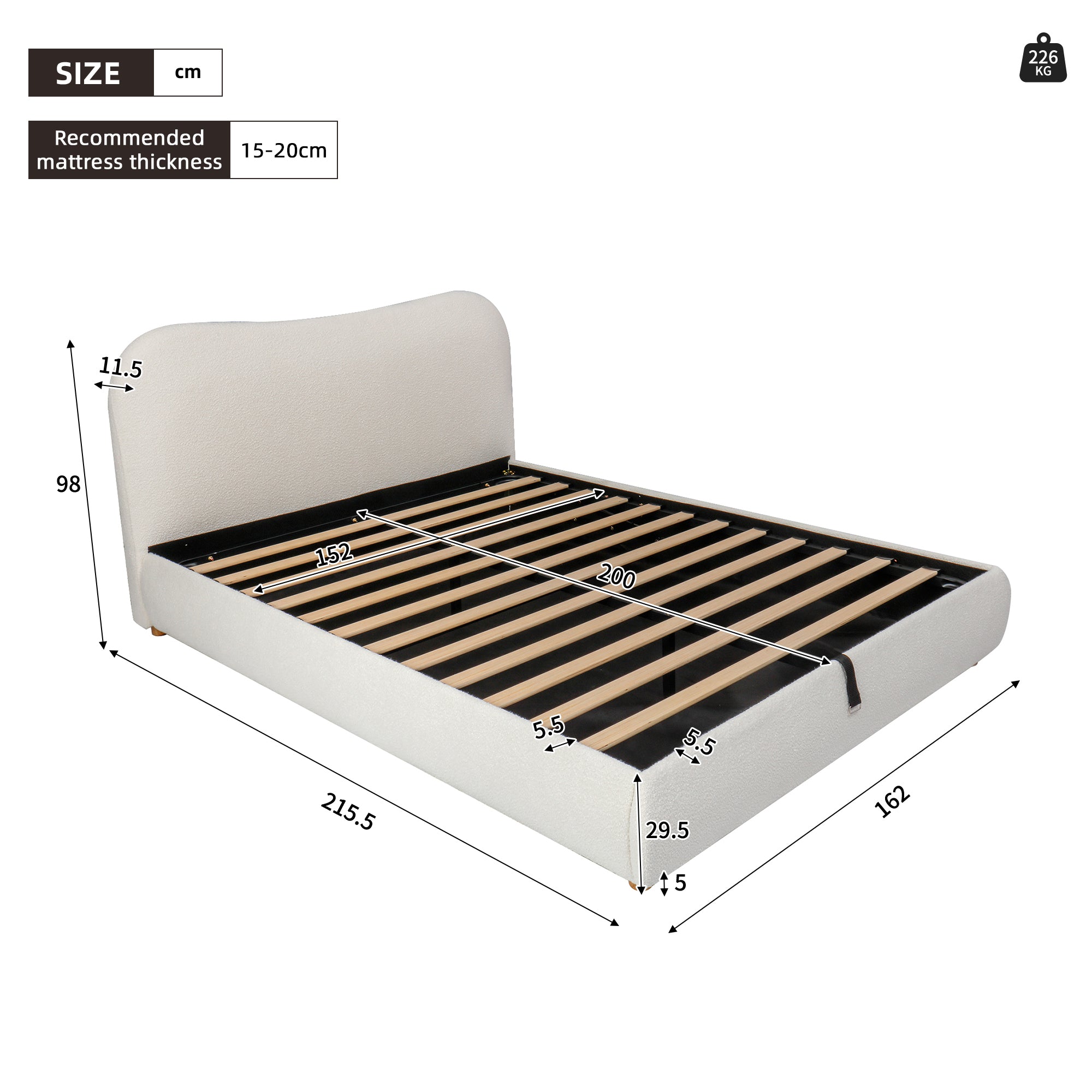 Ottoman Storage Bed Frame 5ft 150x200cm Upholstered Curved Headboard Boucle Warm White