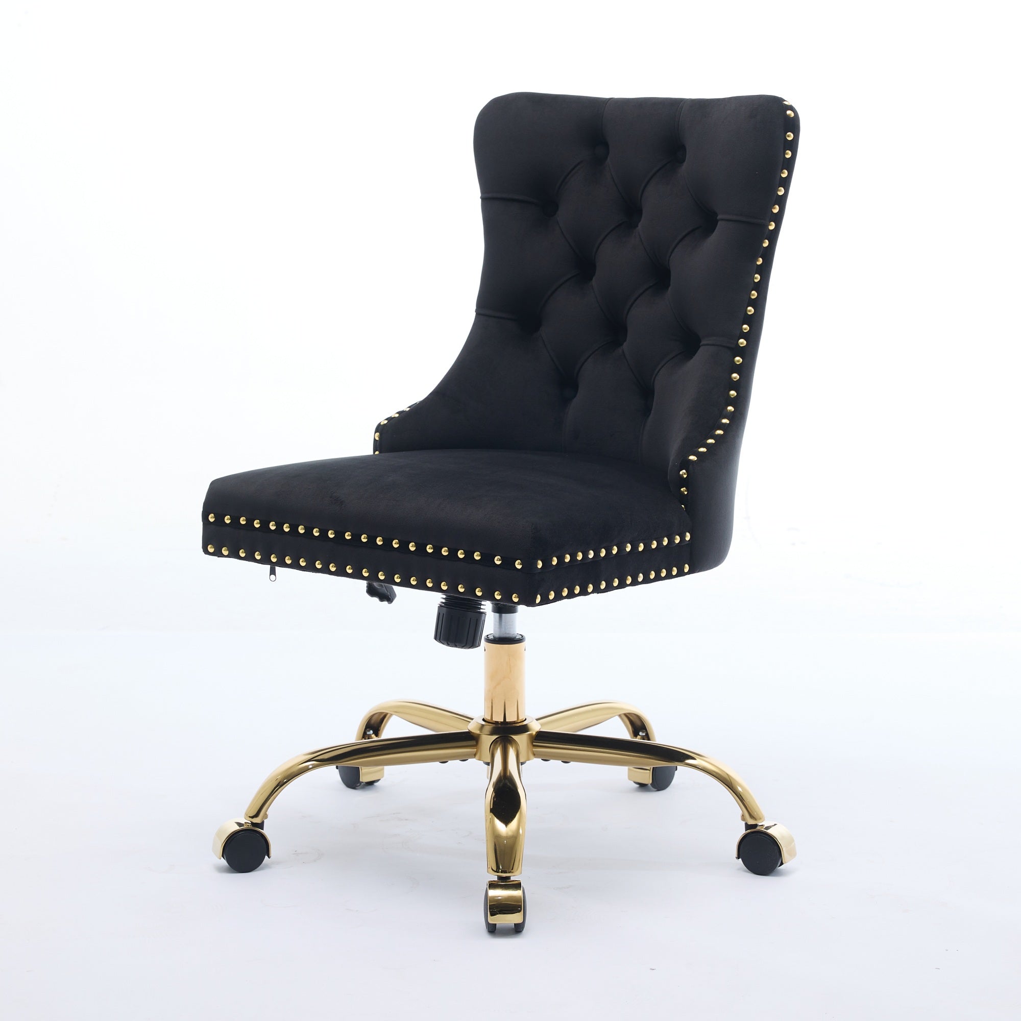 Home Office Chair Velvet Upholstered Tufted Swivel Adjustable Golden Base - Black