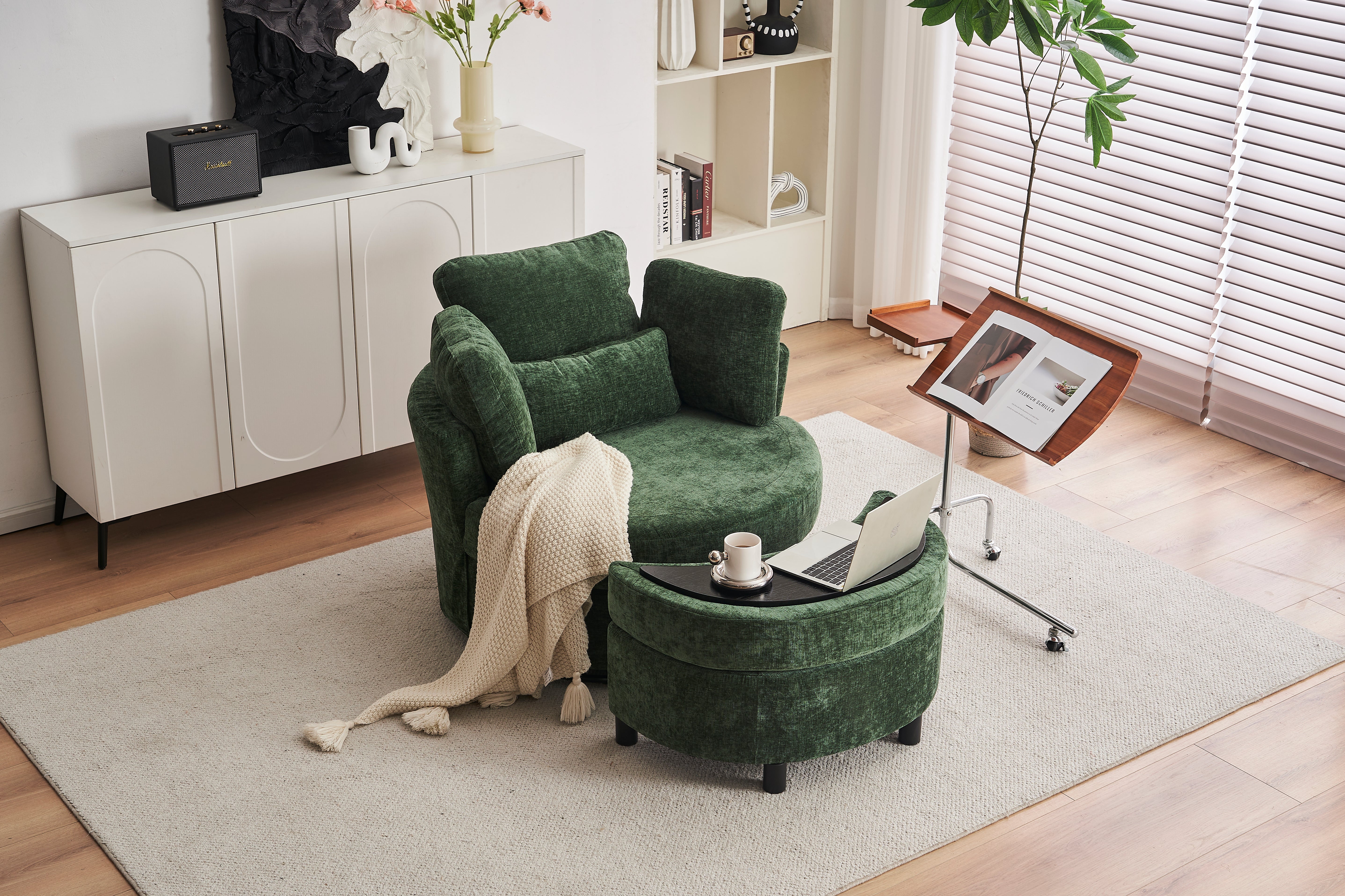 Chenille Swivel Armchair with 3 Back Cushion Pillow and Ottoman Crescent Stool, Green