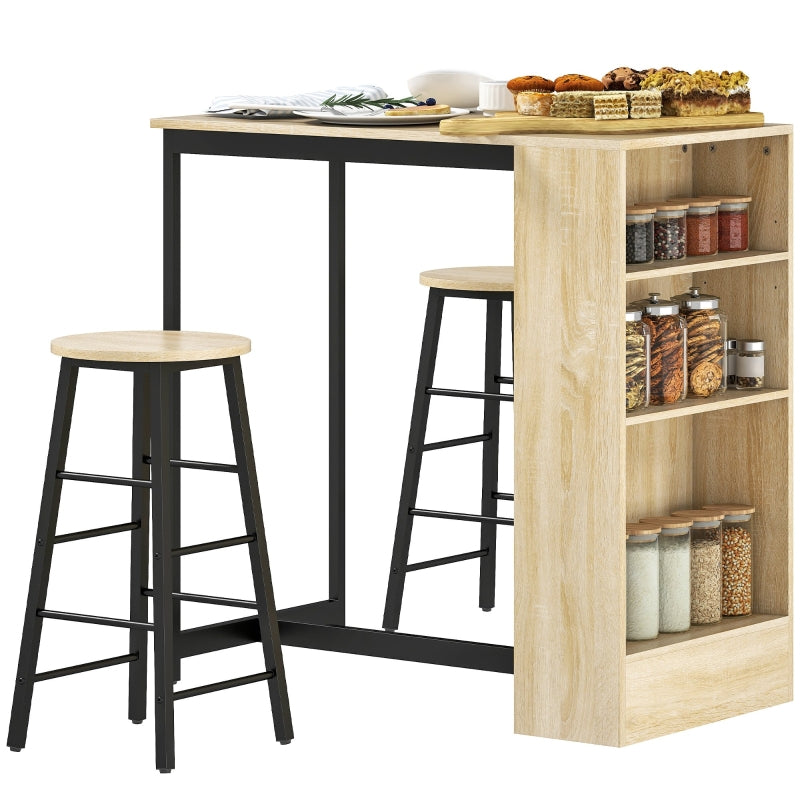 Bar Table with Bar Stool Set, 3-Piece, Storage, 2 Stools, Steel, Oak