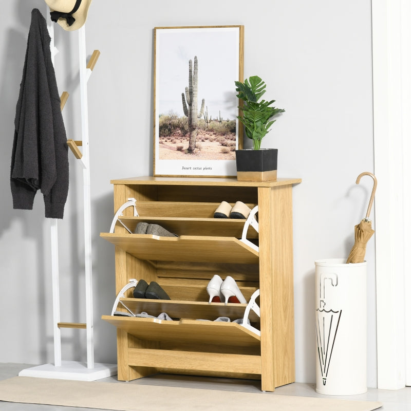 Narrow Shoe Cabinet, 2 Flip Drawers Adjustable Shelves for 12 Pairs, Natural Wood Finish
