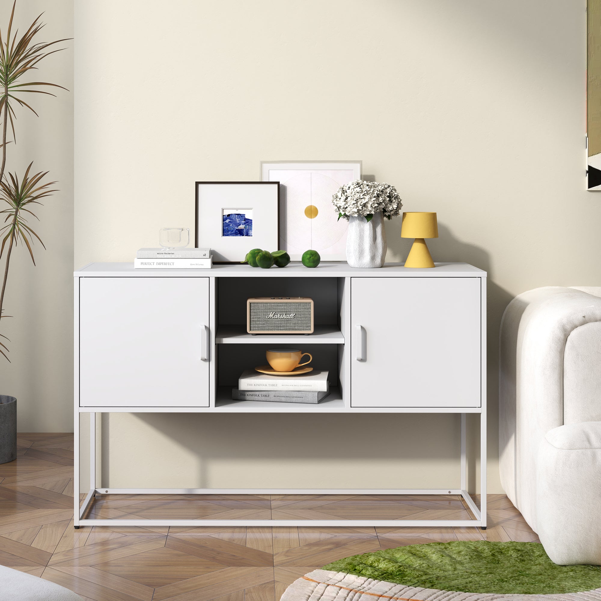 Accent Cabinet Sideboard Storage Buffet H 75 cm × W 120 cm × D 40 cm White Metal