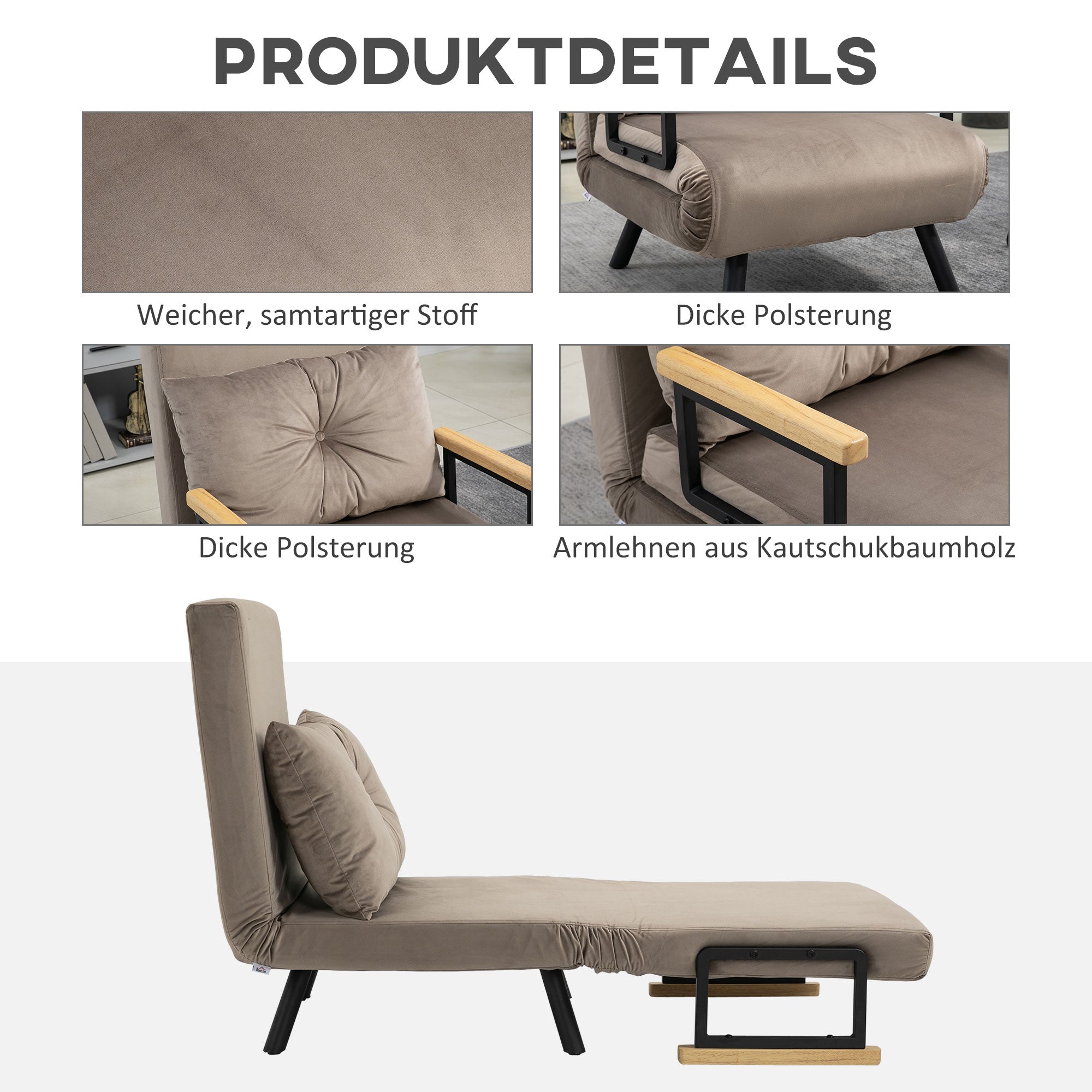 Sleeper Chair Bed, 5-Position Adjustable Backrest Space-Saving Robust, Light Brown Velvet Look