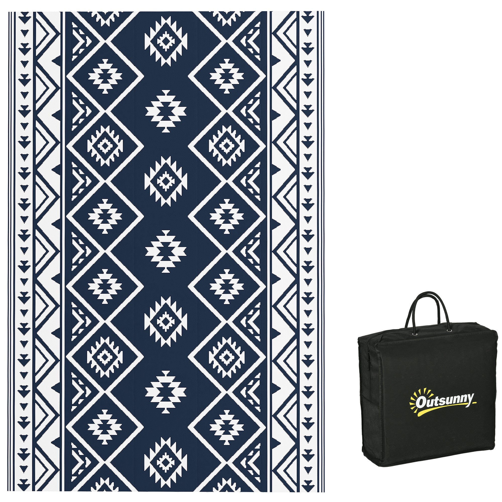 Reversible Outdoor Rug 182x274cm Water-Repellent Camping with Carrying Bag, Plastic Dark Blue & White